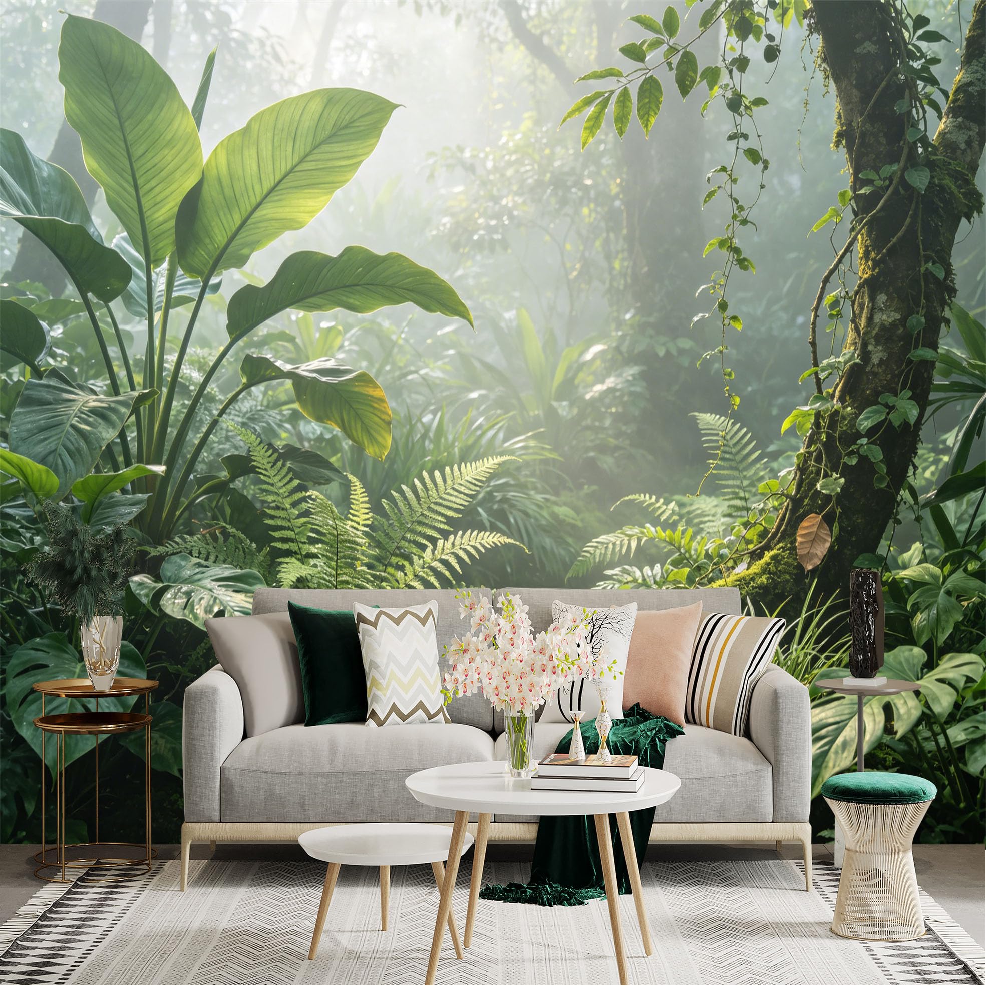 Lnzczhyre Dbh260521827 Custom Size Wall Sticker Mural， Tropical Rainforest Scene， Lush Ferns And Foliage， Morning Foggy Jungle， Sunlit Botanical Nature， For Wall Decoration， Peelandstick Wall Decals.
