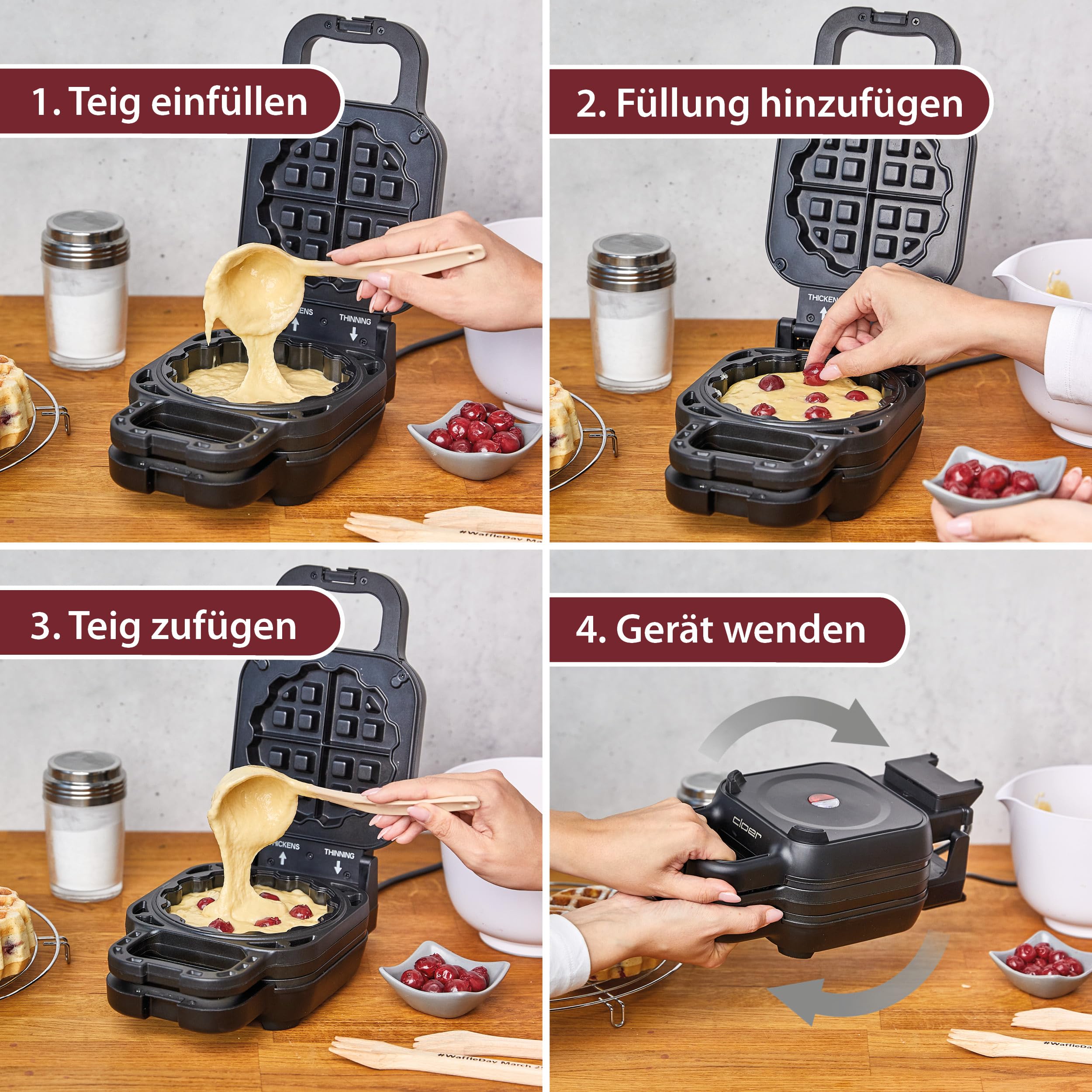 Cloer 6150 Waffelkucheneisen für gefüllte Waffelkuchen, bis zu 5 cm hohe Waffel, 11,5 cm Durchmesser, höhenverstellbarer Abstandsring, Antihaftbeschichtung & Kontrollleuchte, PFAS-frei, Schwarz, 800 W