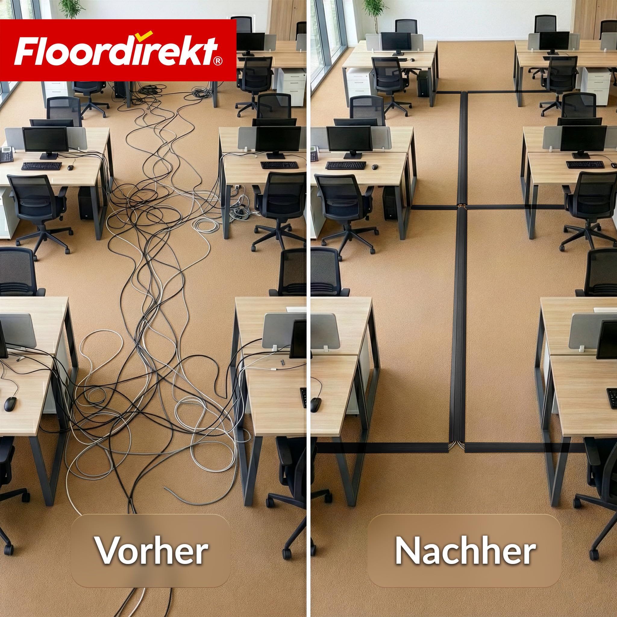 Floordirekt Fussboden Kabelkanal Stolperschutz - Schwarz 9 m - Boden Kabelschutz - für 2 Kabel - effektiver Stolperschutz, flexibel & zuschneidbar - Cable Guard