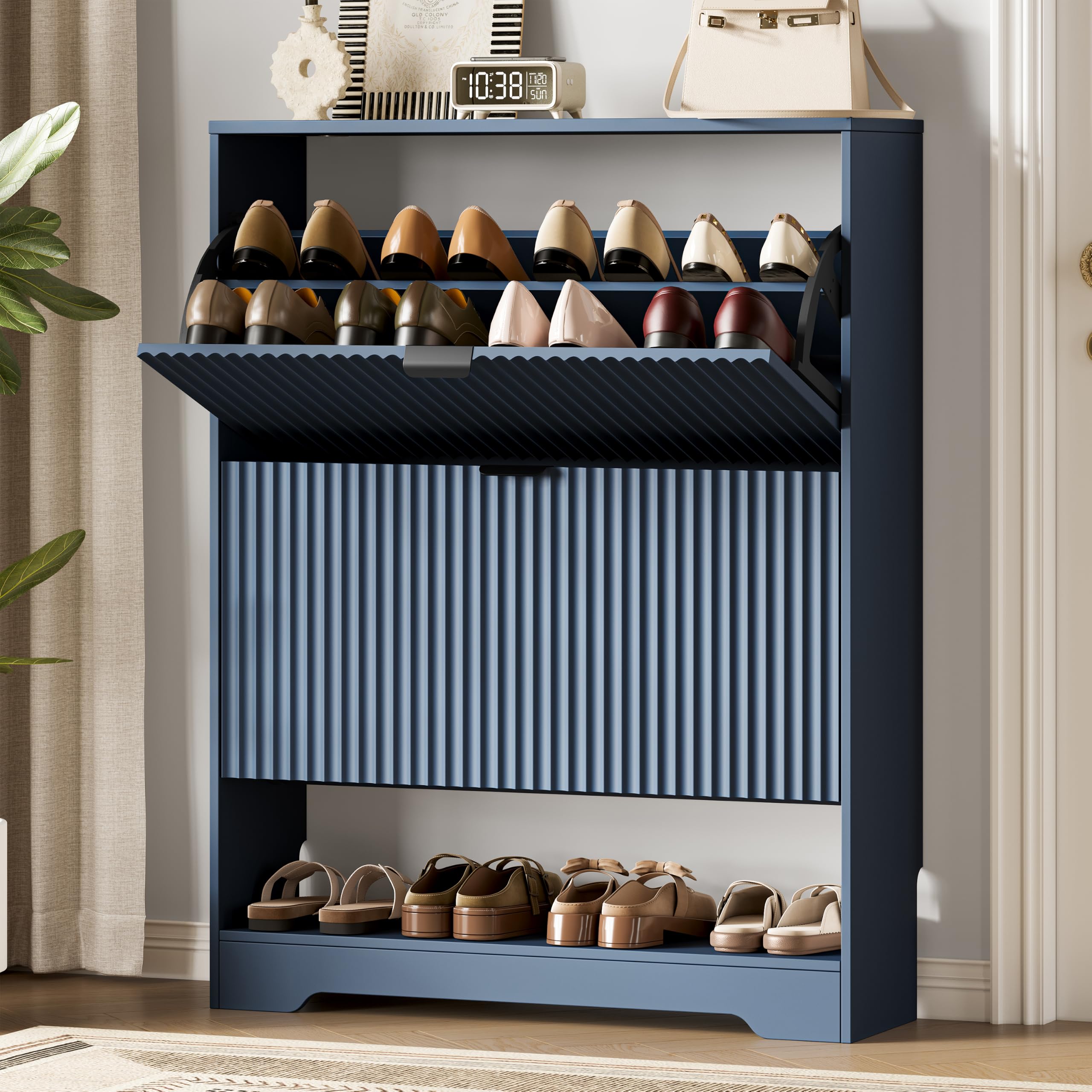 Xixini Shoe Storage Cabinet for Entryway with 2 Flip Drawers, Hidden Slim Wood Shoe Organizer with Modern Fluted Panel, Freestanding Narrow Shoe Rack for Front Door Entrance, Hallway, Foyer, Blue