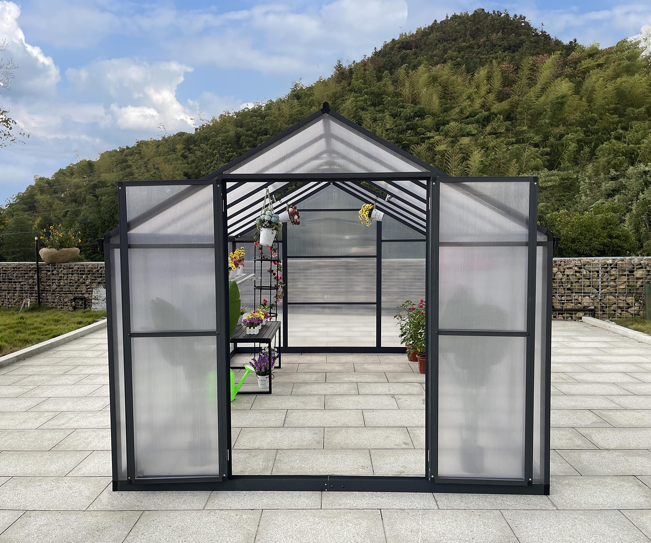 Gewächshaus Aluminium für den Garten |Mit 8 cm dickeres Fundament| 361*238*210 cm | Vielseitig nutzbar als Treibhaus Gartenhaus Winterfest Aufzucht Tomatenhaus Frühbeet und Pflanzenhaus Grau