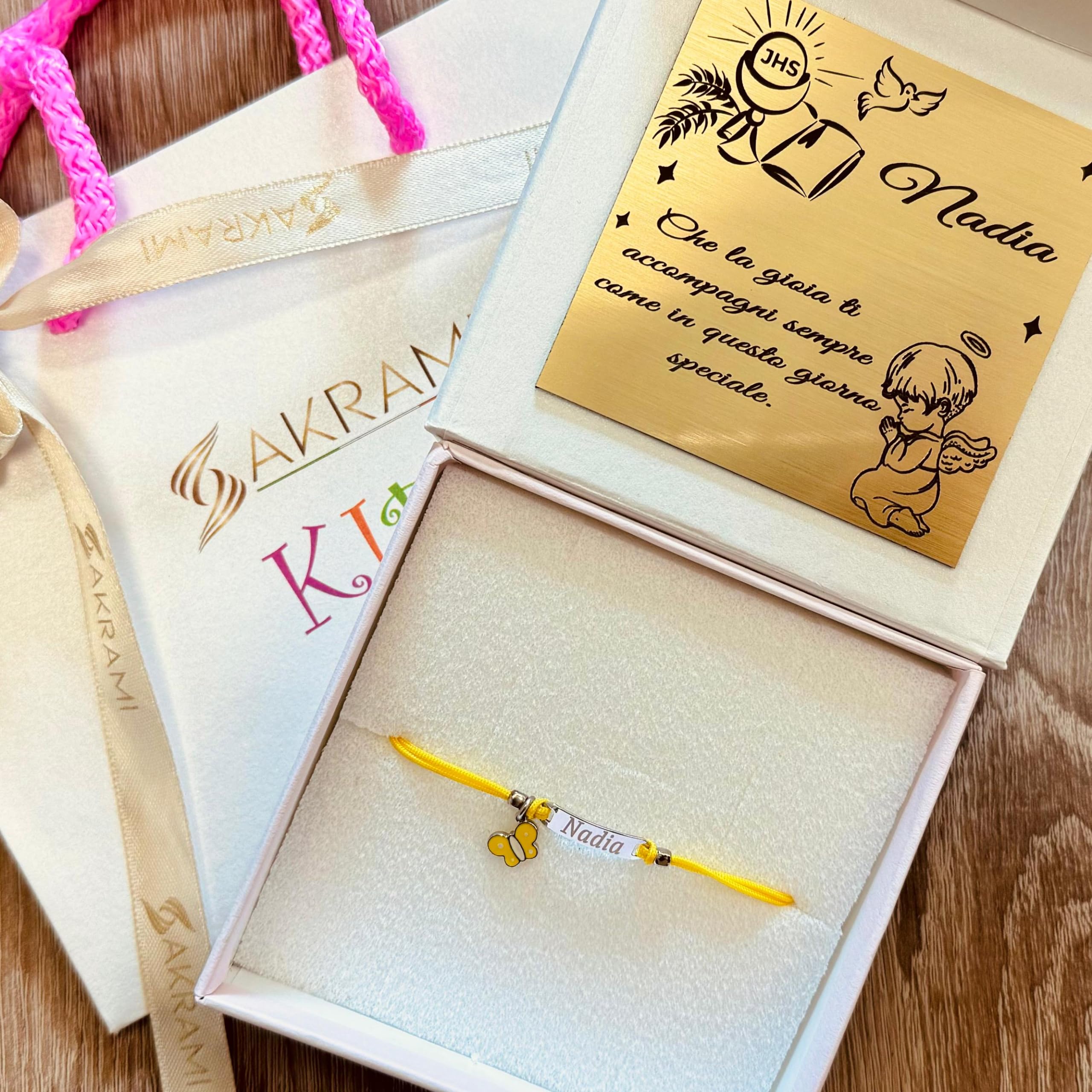 Sakrami Bracciale Argento 925 Bimba Cordoncino Giallo con Farfalla Giallo Kids Collection + Confezione Regalo Personalizzata - Braccialetto per Nascita Comunione o Battesimo