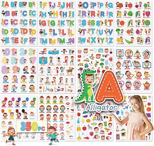 AXZSTORE Calcomanías educativas para niños, paquete de 350 piezas para niños pequeños, colección de calcomanías lindas surtidas