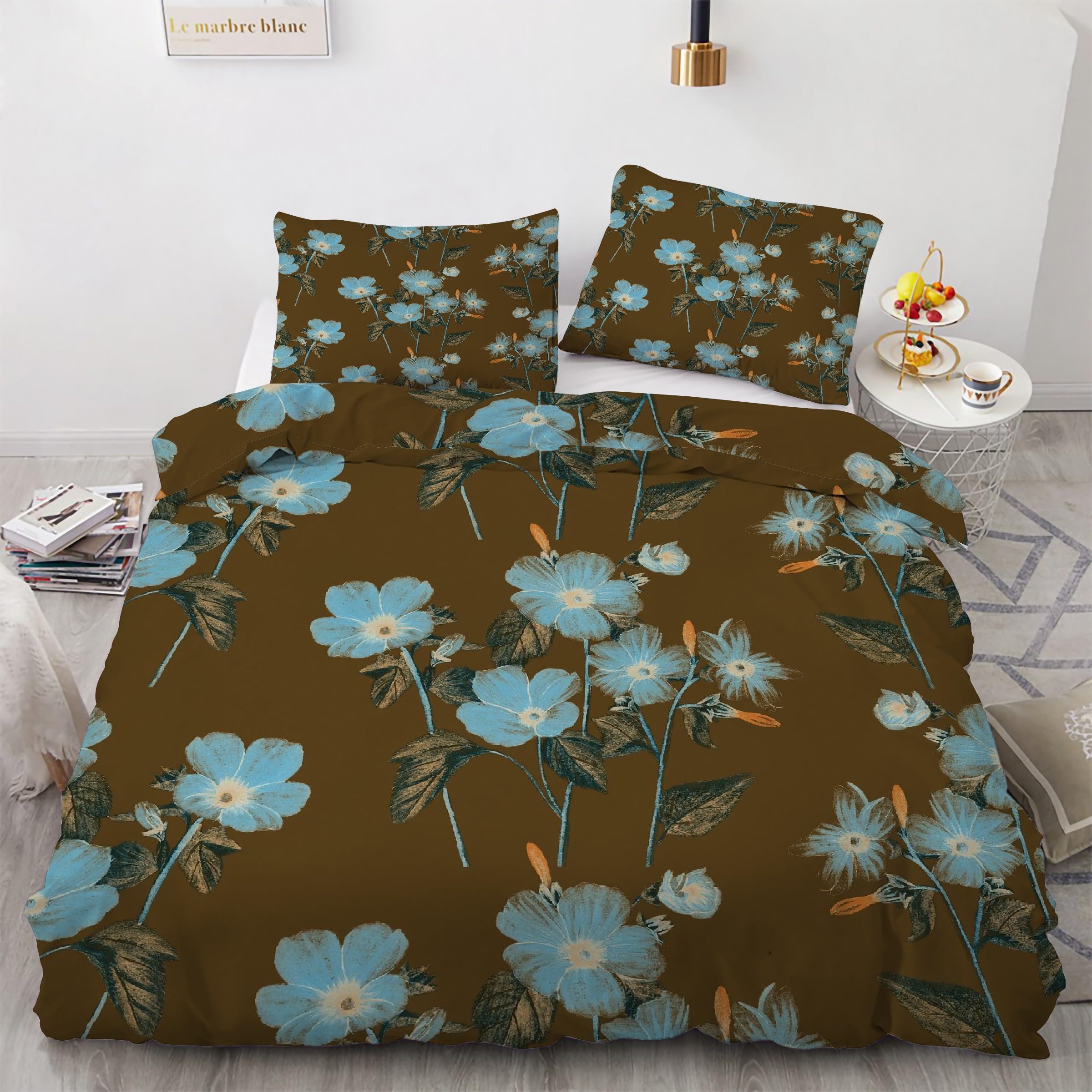 Housse de Couette 200x200 Fleurs Parure de Lit Microfibre avec 2 Taies