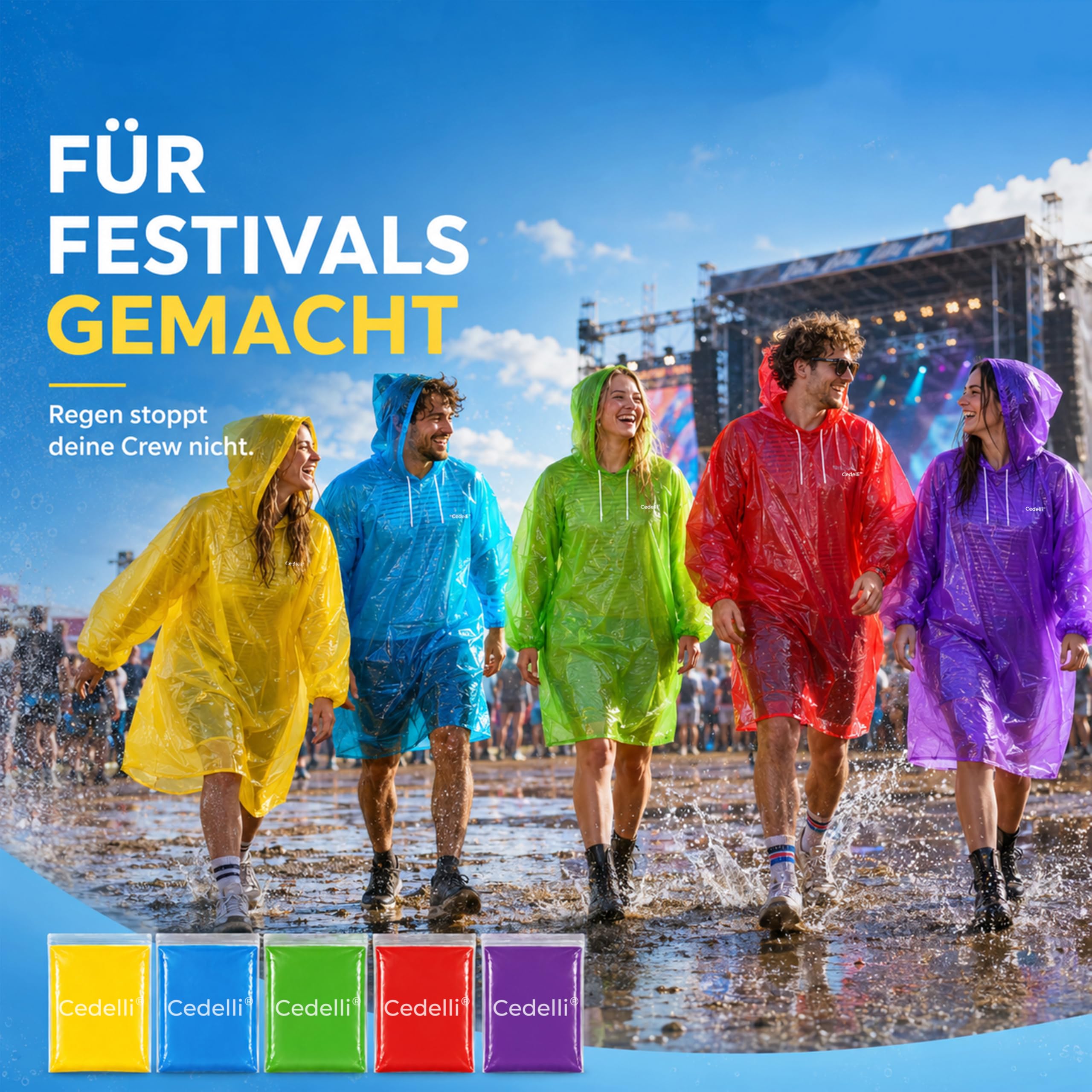 5 Einweg Regenponchos | Festivals, Karneval, Outdoor - extra robust!