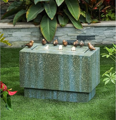 LuxenHome - Fuente rectangular de resina de 24 pulgadas, fuente rectangular de piedra y pátina con luces LED, fuente de cascada apilada en el suelo