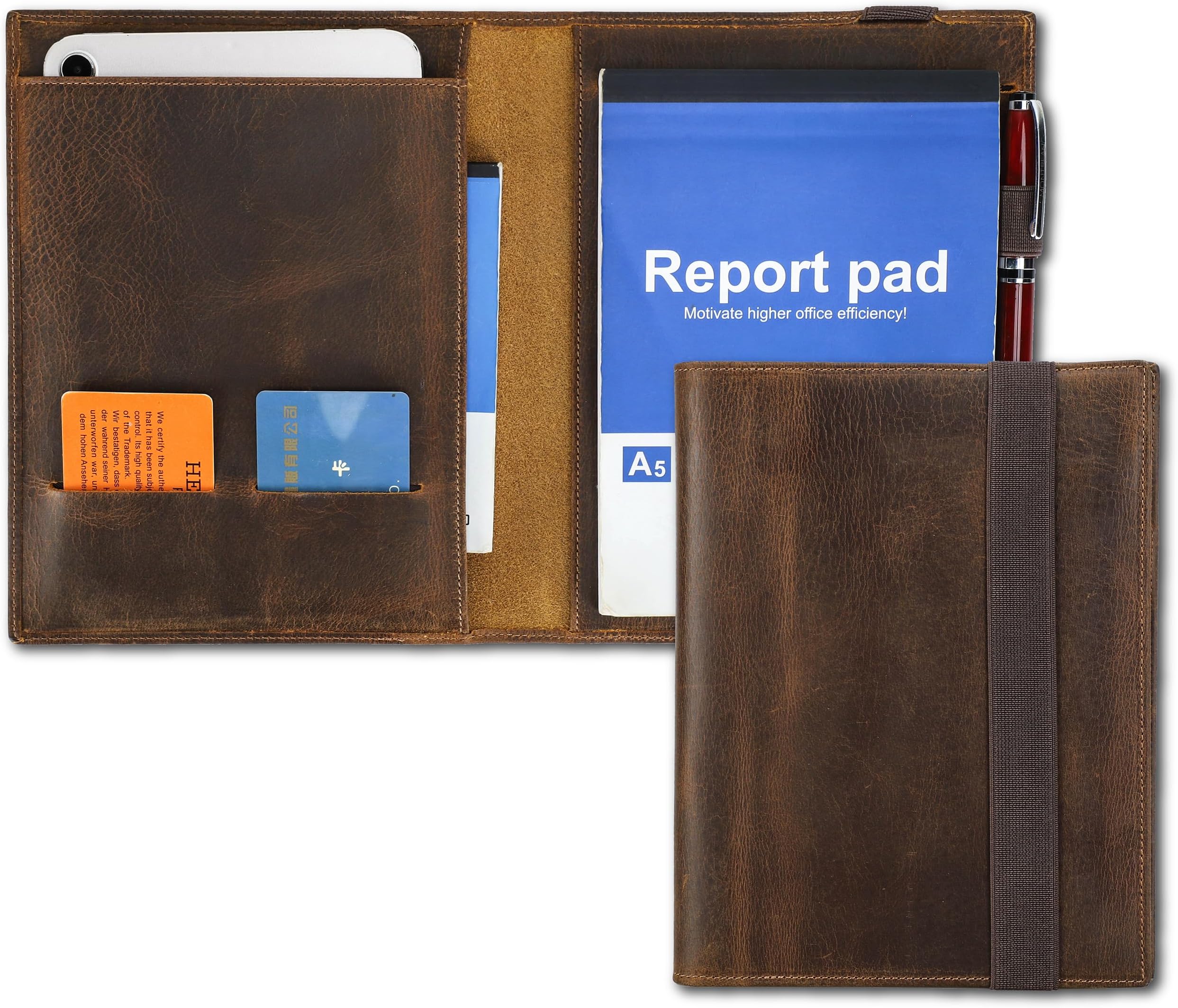 Top Grain Leather 8.3" Padfolio for Men & Women, Handmade Vintage Design, Multi-Functional Business Portfolio Organizer, Compatible with Cards/iPad Mini/Pen/A5 Size Document, Coffee 8.3 Inch