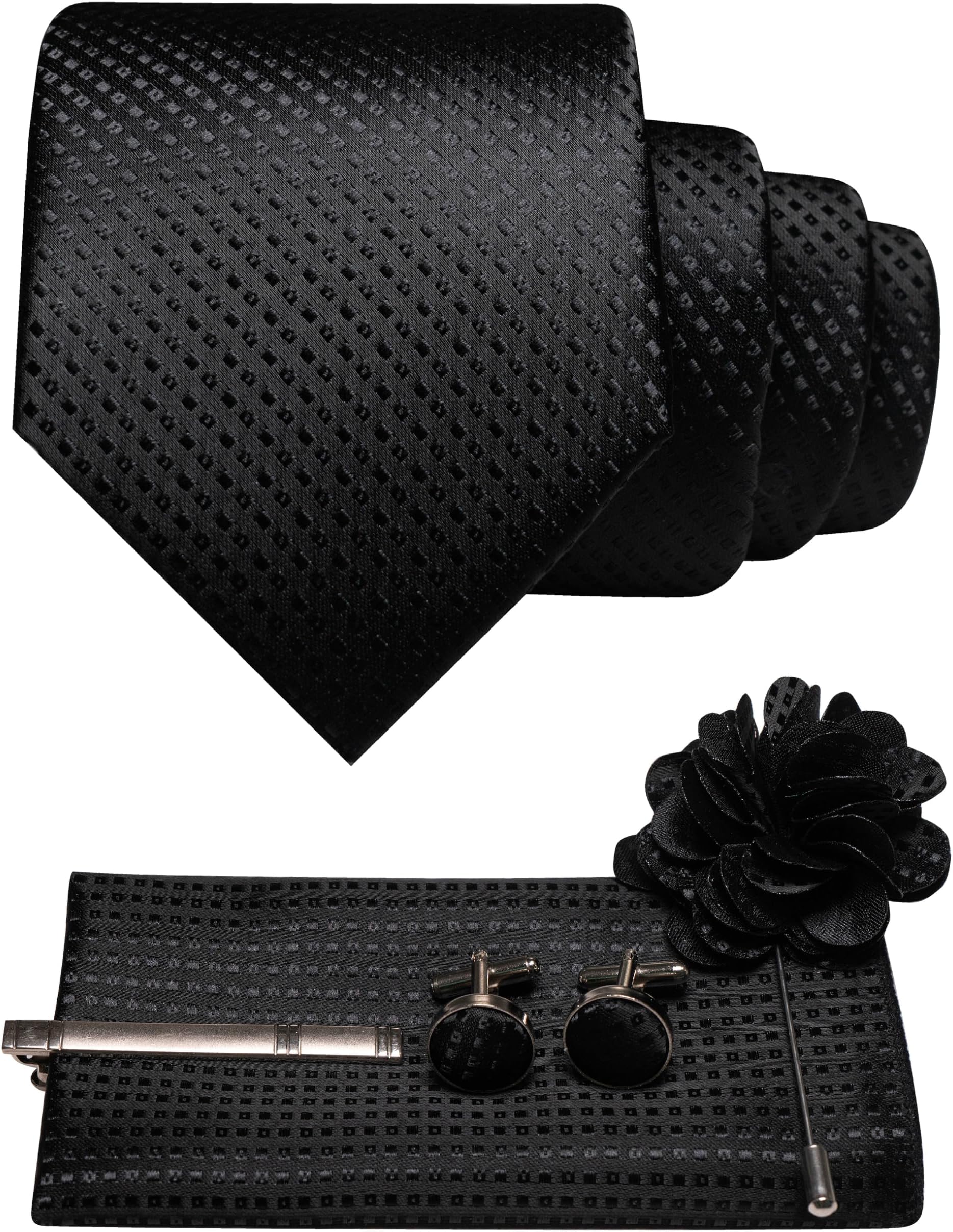Mens Tie and Pocket Square,Lapel Pin,Cufflinks,Tie Clip Sets with Gift Box 5PCS