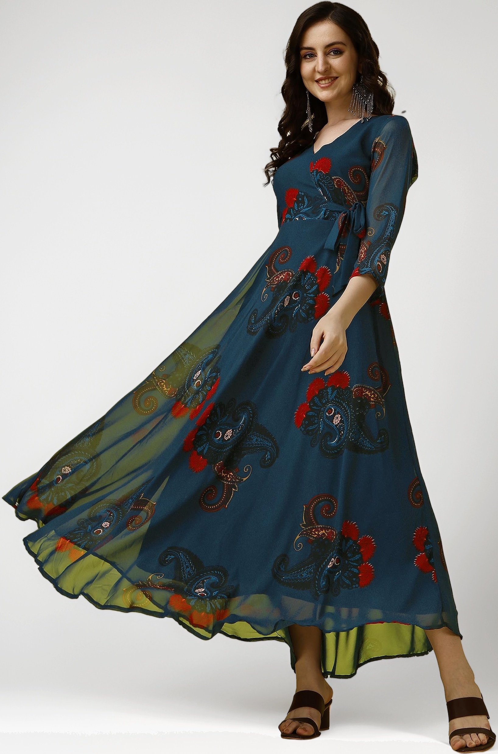 Fashion2wear Women's Georgette Casual Floral Digital Print V-Neck 3/4 Sleeve Knee-Length Fit & Flare Long Maxi Gown Dress for Girls (Barbie)