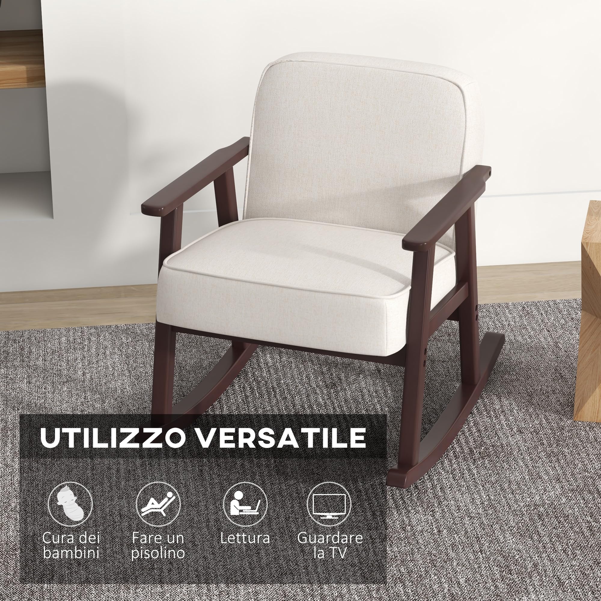 HOMCOM Poltrona a Dondolo per Interni in Tessuto Effetto Lino e Legno con Braccioli e Cuscini, 66x78x76 cm, Beige e Marrone