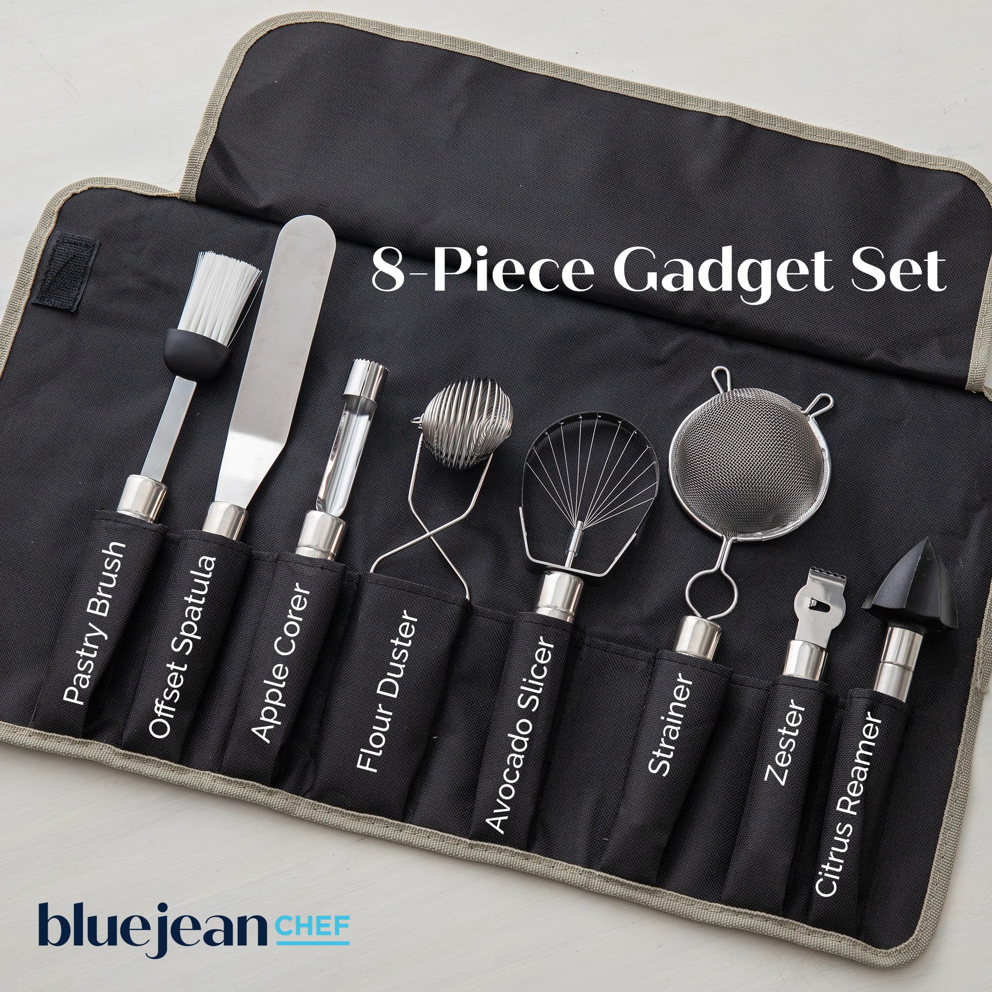 The Blue Jean Chef 8-Piece Kitchen Tool and Gadget Set, Stainless-Steel Kitchen Tools with Storage Pouch, Dishwasher Safe