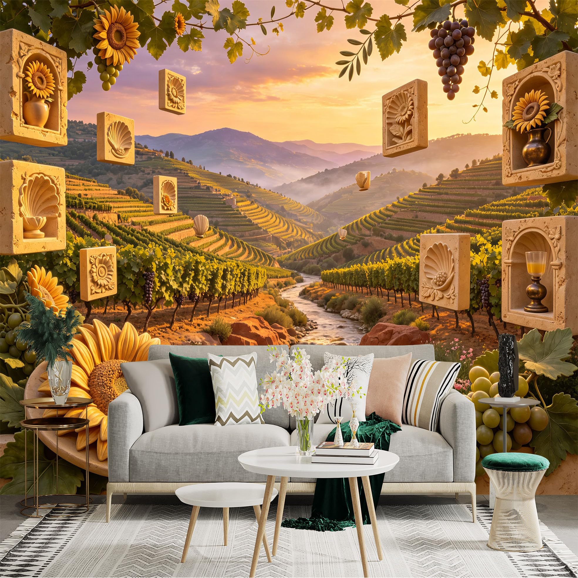 Lnzczhyre Bh260719409 Custom Size Wall Sticker Mural， Tuscan Vineyard Landscape With Sunflowers And Grapes， Sunset River Valley Scenery， For Wall Decoration， Peelandstick Wall Decals.