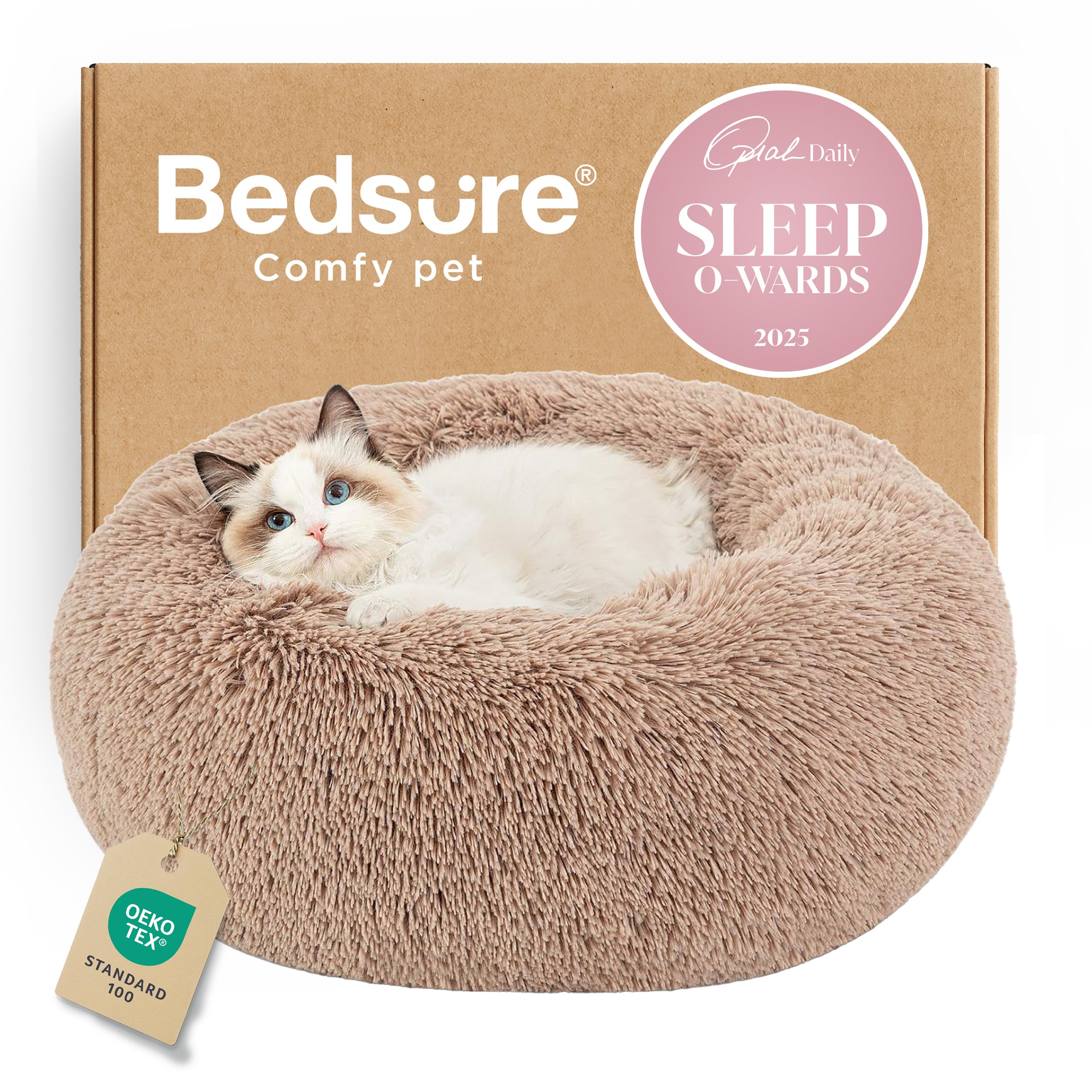 Bedsure Calming Cat Beds for Indoor Cats - Small Cat Bed Washable 20 inches, Anti-Slip Round Fluffy Plush Faux Fur Pet Bed, Fits up to 15 lbs Pets, Camel