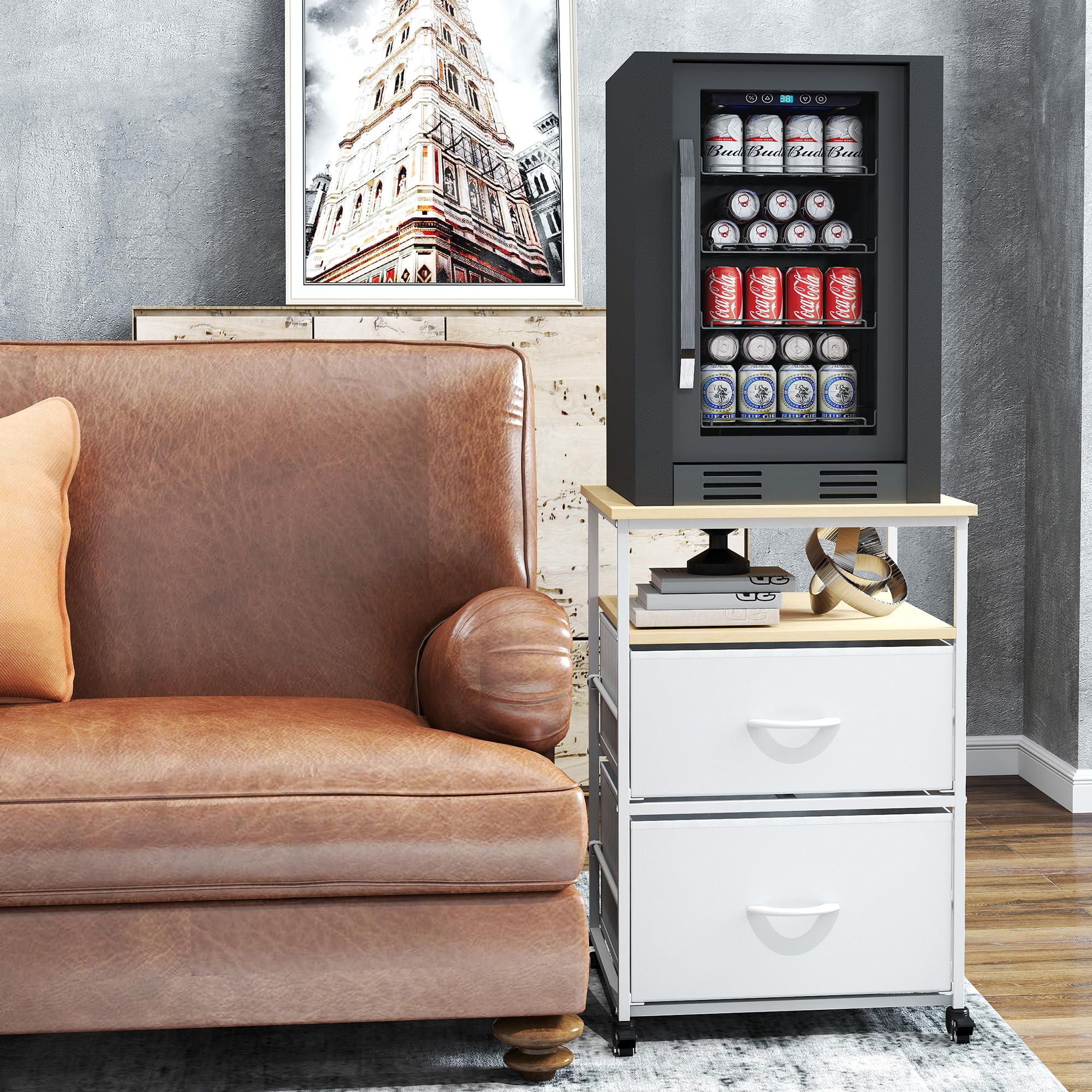 Mini support de réfrigérateur avec rangement mobile pour réfrigérateur - Mini armoire de réfrigérateur compacte à roulettes pour cuisine, chambre à coucher, bureau, dortoir, blanc