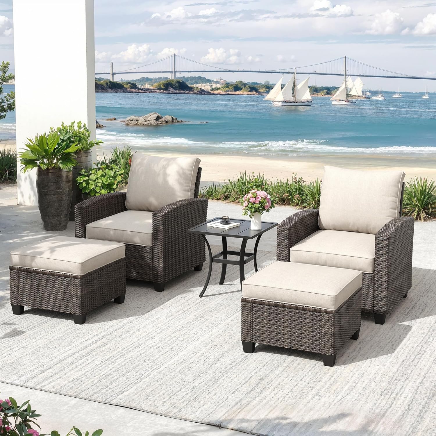 VICLLAX 5 Pieces Wicker Outdoor Furniture Set with Ottomans, PE Rattan Patio Conversation Set with 2 Single Chairs, Metal Side Table for Deck Porch Pool, Beige Cushion