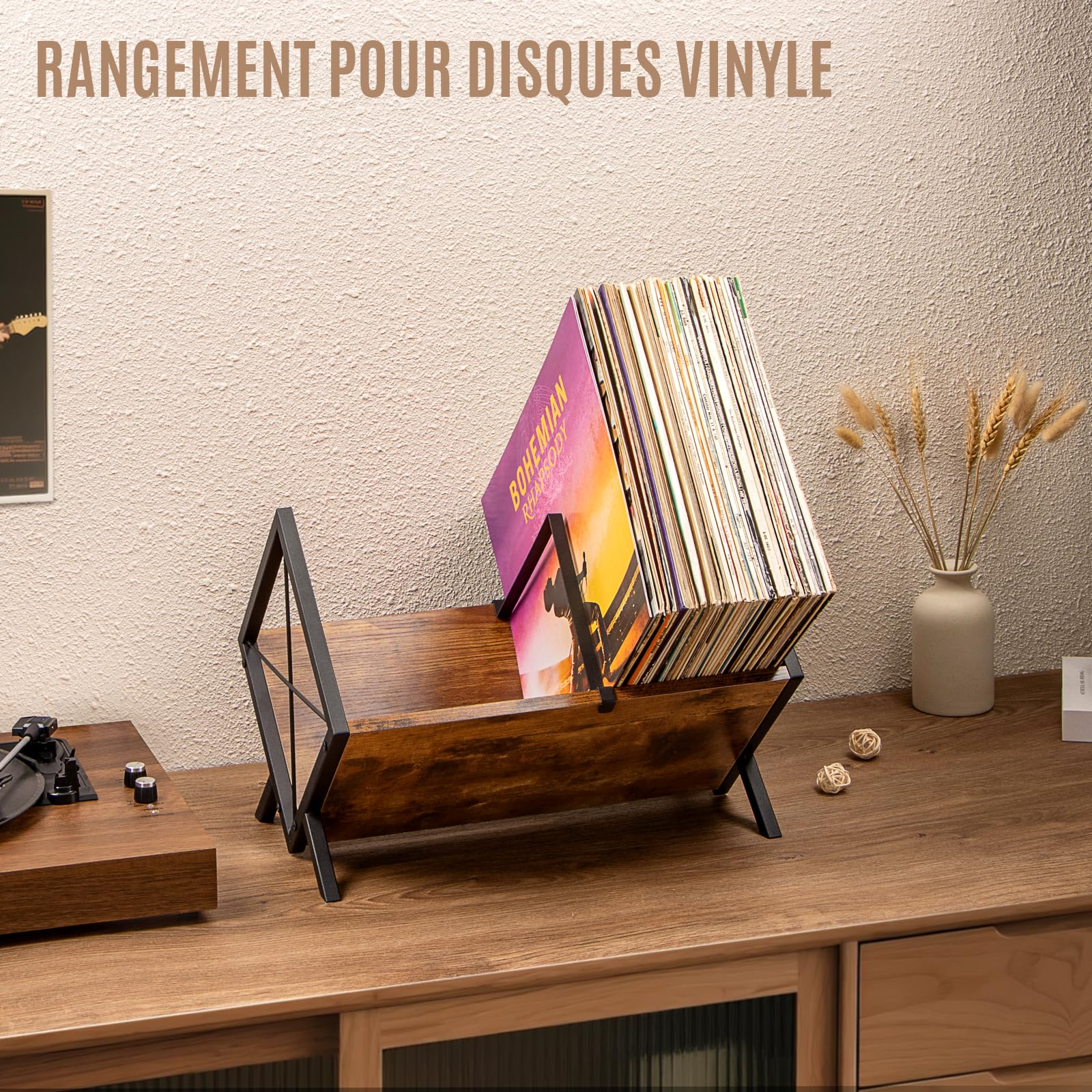 PUERSI Étagère de Rangement Vinyle, 80 Support Vinyles, 1 Niveau Disque Vinyle avec Séparateur Réglable, Organiseur pour Albums, Magazines, Livres et Dossiers - Marron