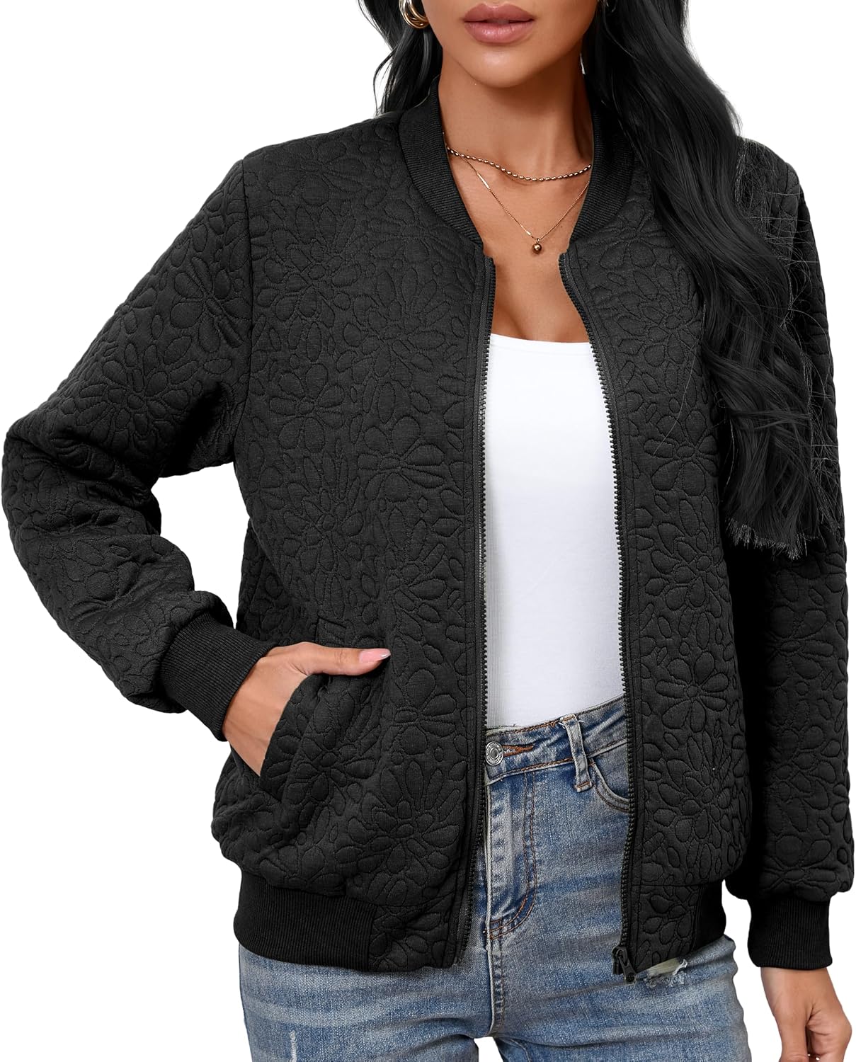 SxClub Women's Bomber Jackets for Women Fashion Casual Quilted Lightweight Zip Up Outerwear Coat with Pockets