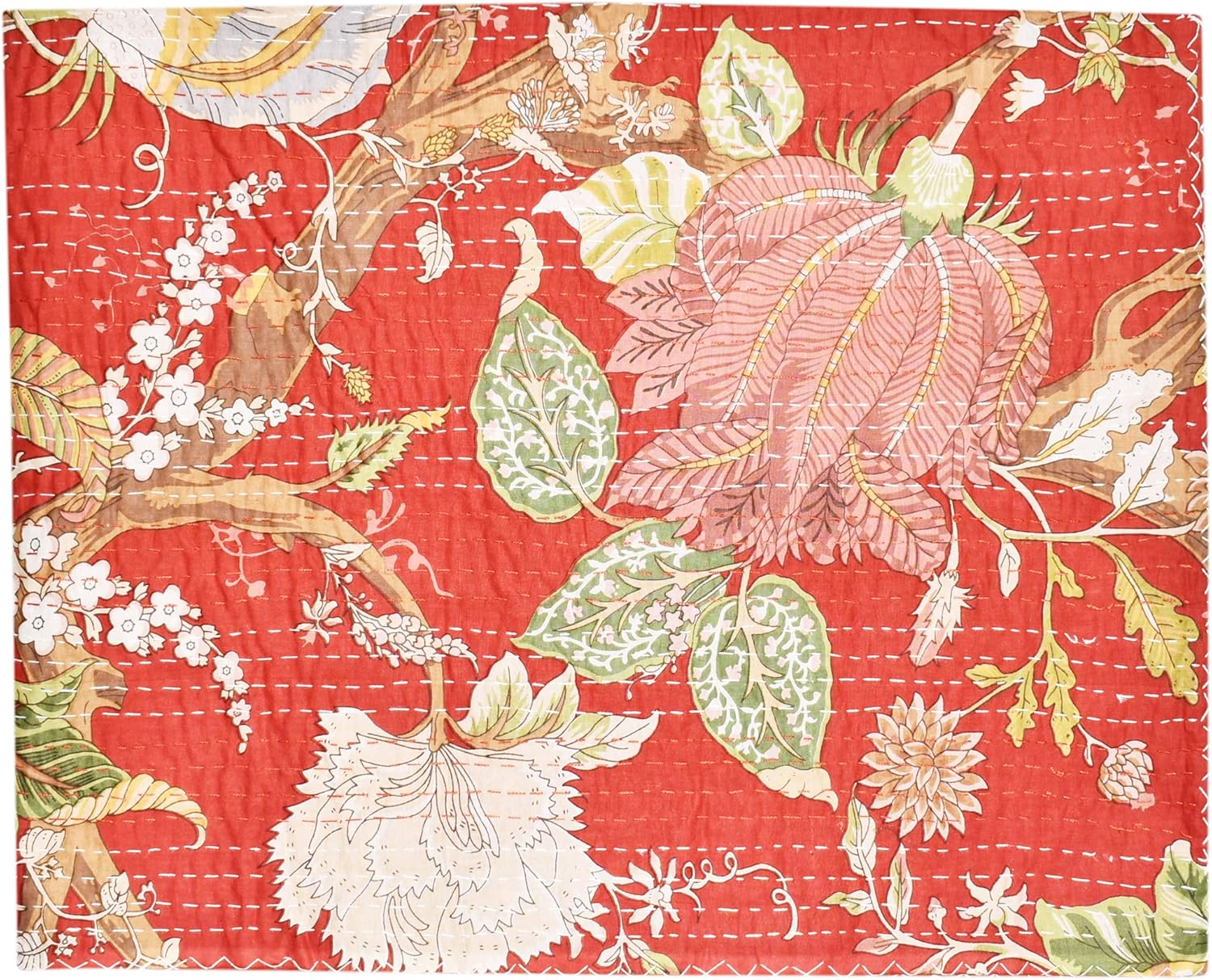 New Cotton Kantha Quilt Traditional Blanket Handmade Bedsheet Red Coverlet Floral Print Throw 90X108