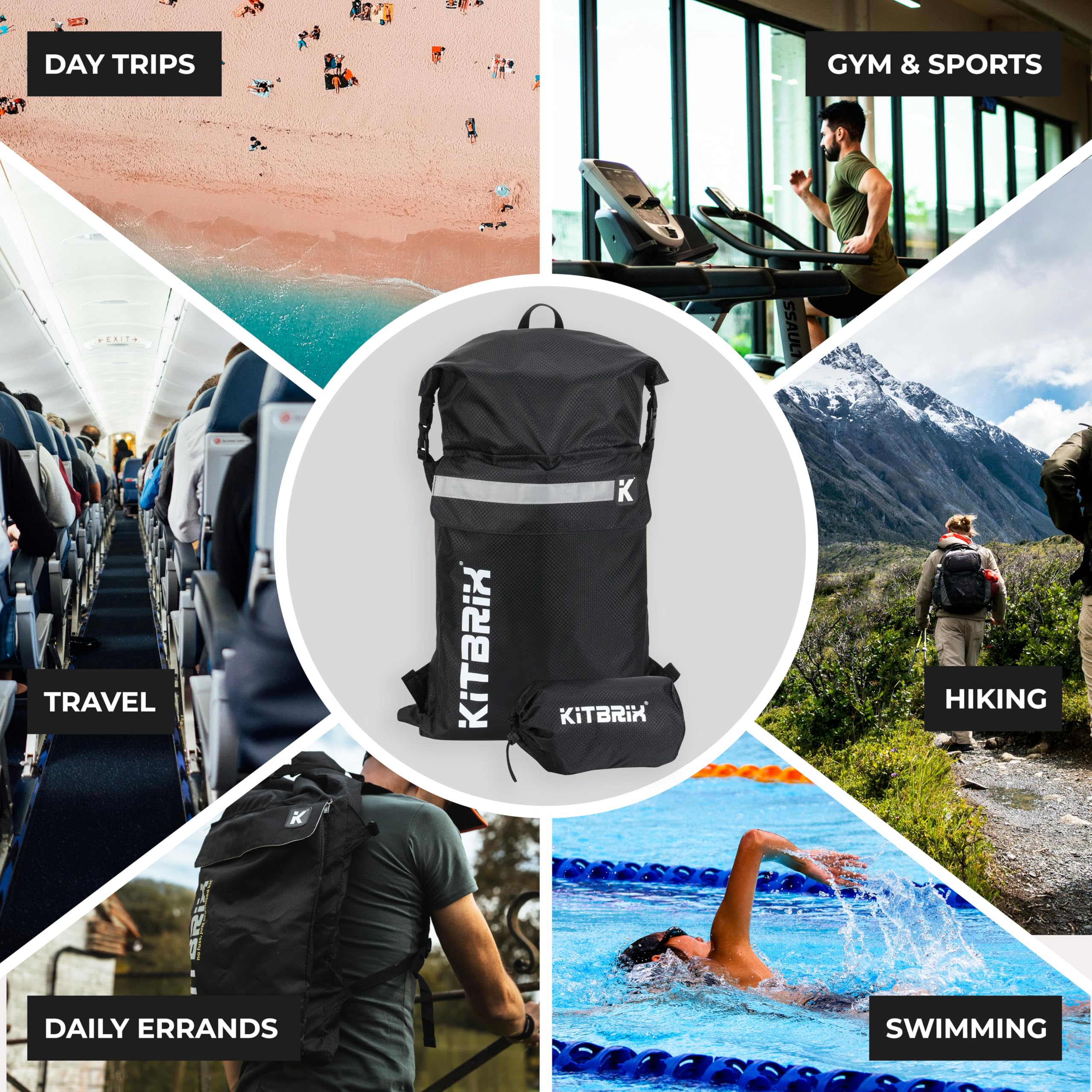 POKIT Mochila Day Bag - Mochila para ciclismo/senderismo - Mochila plegable impermeable 25L - Negro/Azul - Kit organizado 6