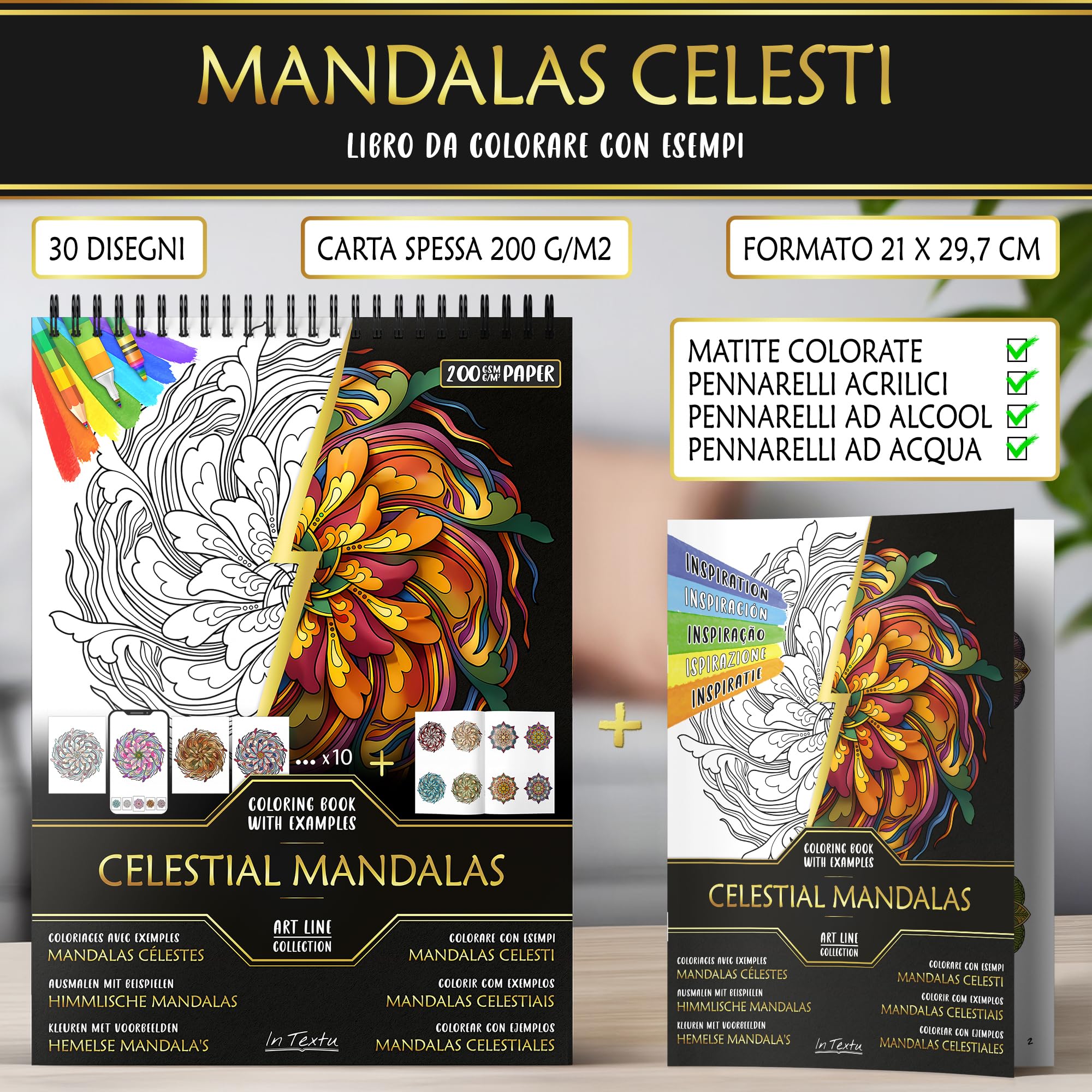 Libro Da Colorare In Textu – Mandala Celesti, 30 Disegni Su Carta 200 G/m², Spirale E Guida Colori Per Adulti E Adolescenti