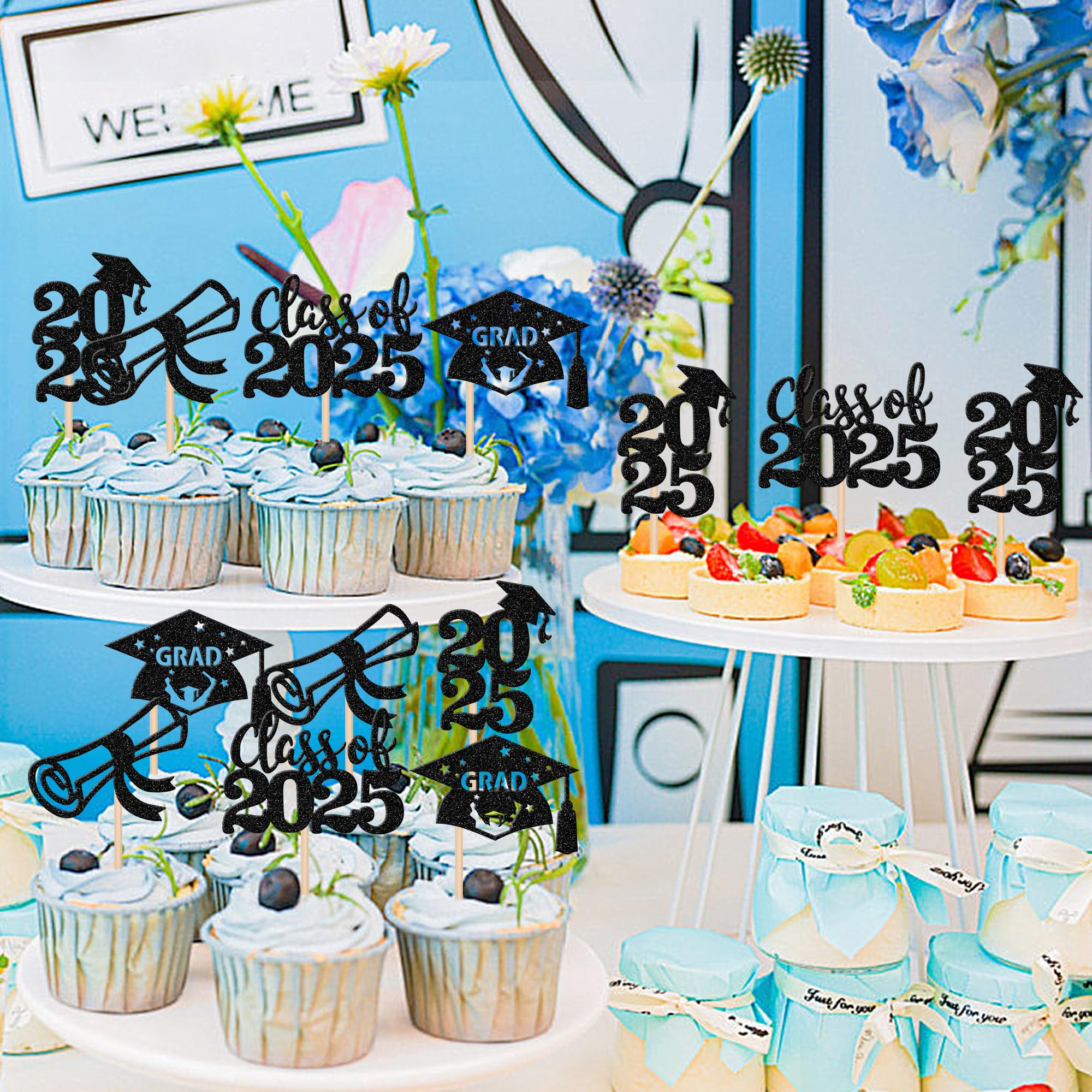 Rsstarxi 24 Stück 2024 Cupcake Toppers – Glitzer Diplomhut Motive, Für Abschlussfeiern, Blaue & Schwarze Deko, Nicht Essbar