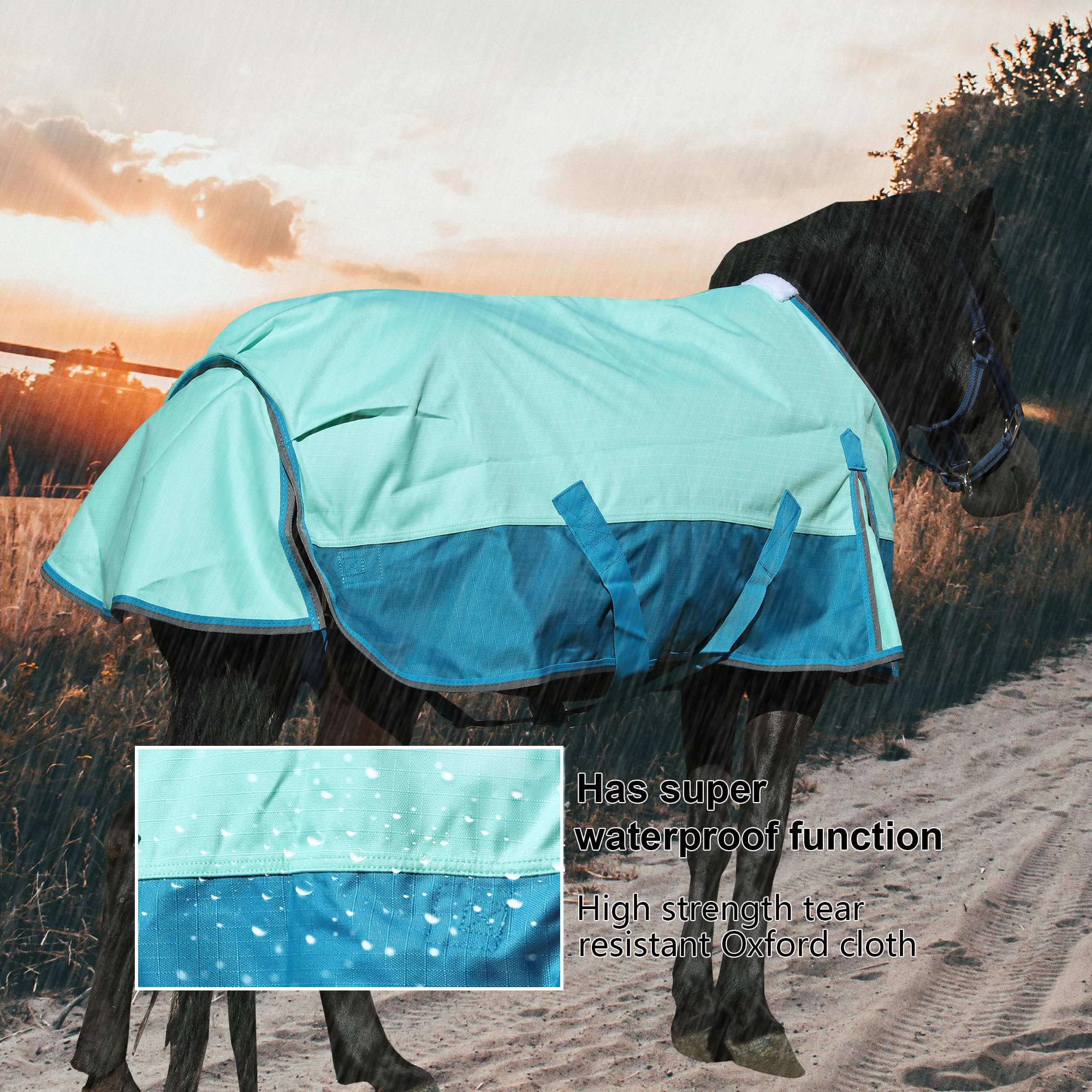 Leberna Impermeable 1200D Manta Ligera para Lluvia Pony Mini Shetland Turnout Relleno 0g (Turquesa, 3'9"/114 cm)
