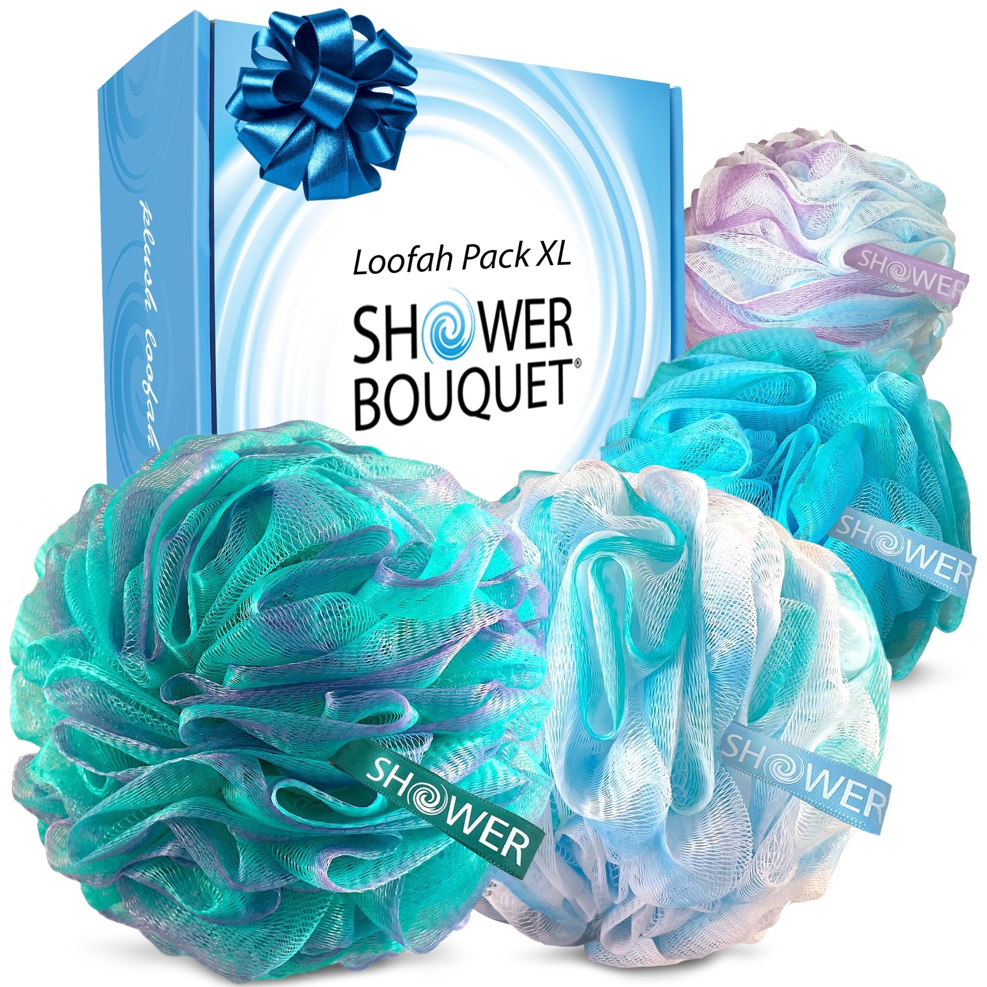 SHOWER BOUQUET Loofah-Bath-Sponge XL Swirl-Mix-Color 4-Pack // Extra-Large 75g Mesh Luffa Loofa Loufa Puff Pouf Set/Exfoliating Body Scrubber for Women and Men - Exfoliate & Soothe Face & Body