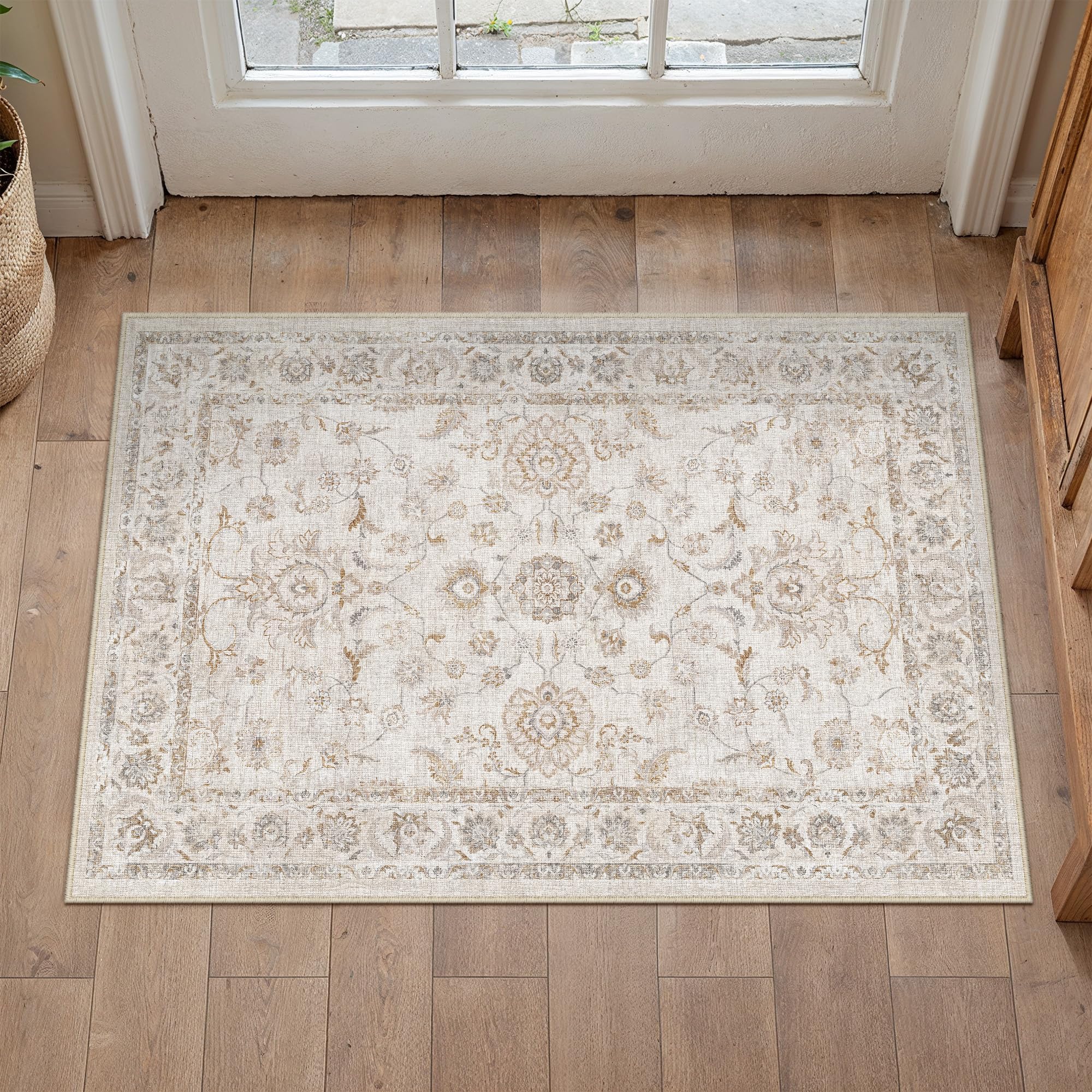 PureCozy Vintage Beige Door Mat 60x90cm Washable Small Area Rug for Kitchen Bathroom Mat Non Slip Soft Bedroom Flower Carpet for Front Door Entryway Entrance Corridor — image 1