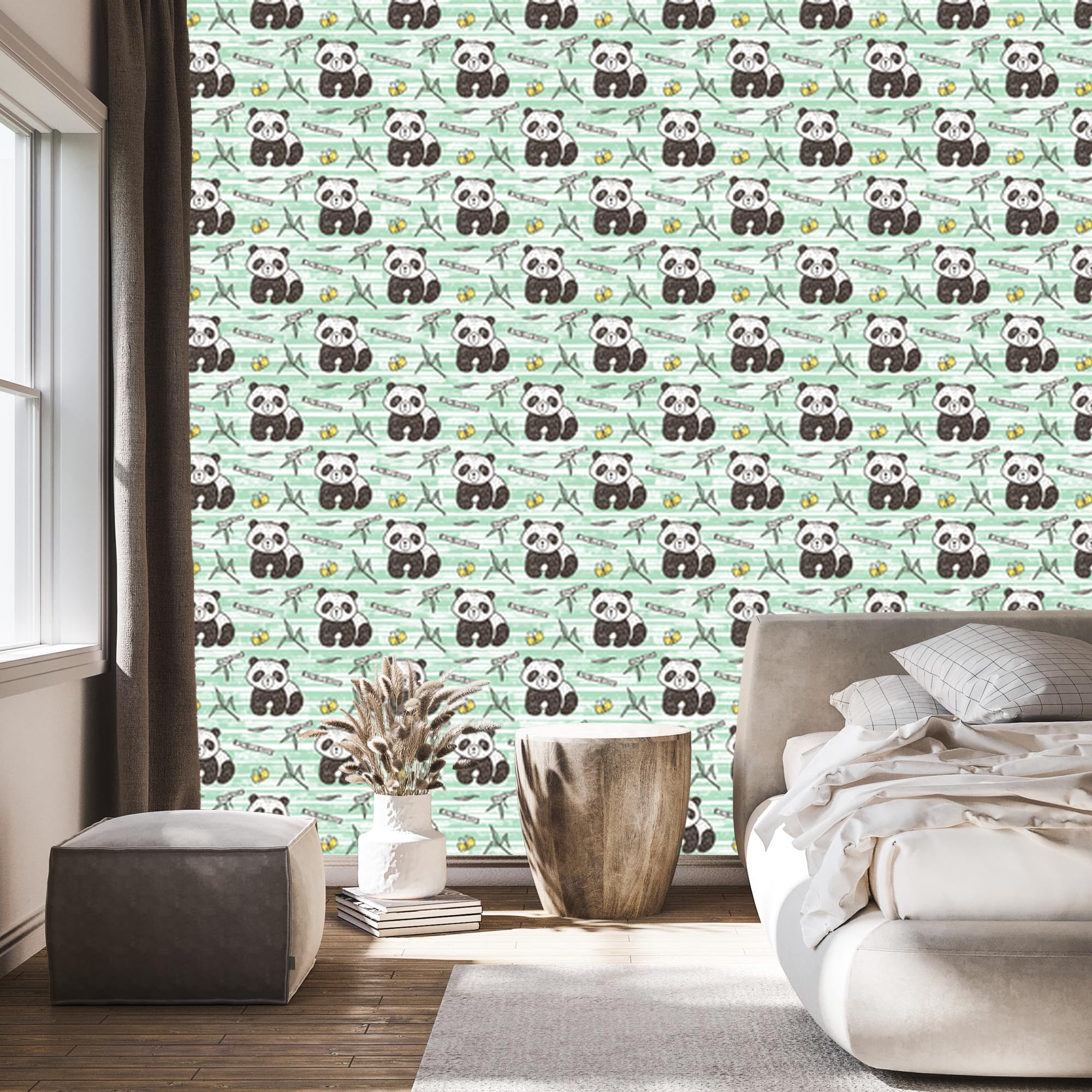 Vliestapete Pandas auf grünem Hintergrund 50 x 1000 cm | Ausdrucksstarke Bildgestaltung; Charaktervoller Raumschmuck; Harmonische Akzentfläche; Kleister im Set