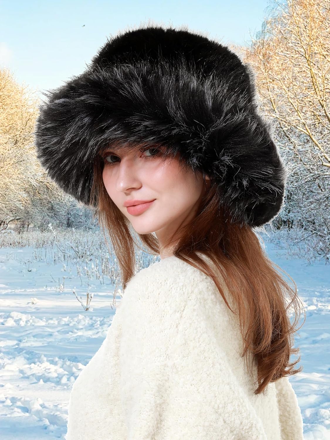 LA CARRIE Fuzzy Winter Faux Fur Bucket Hats for Women Wide Brim Fluffy Warm Fisherman Cap for Ski Snow - Image 5
