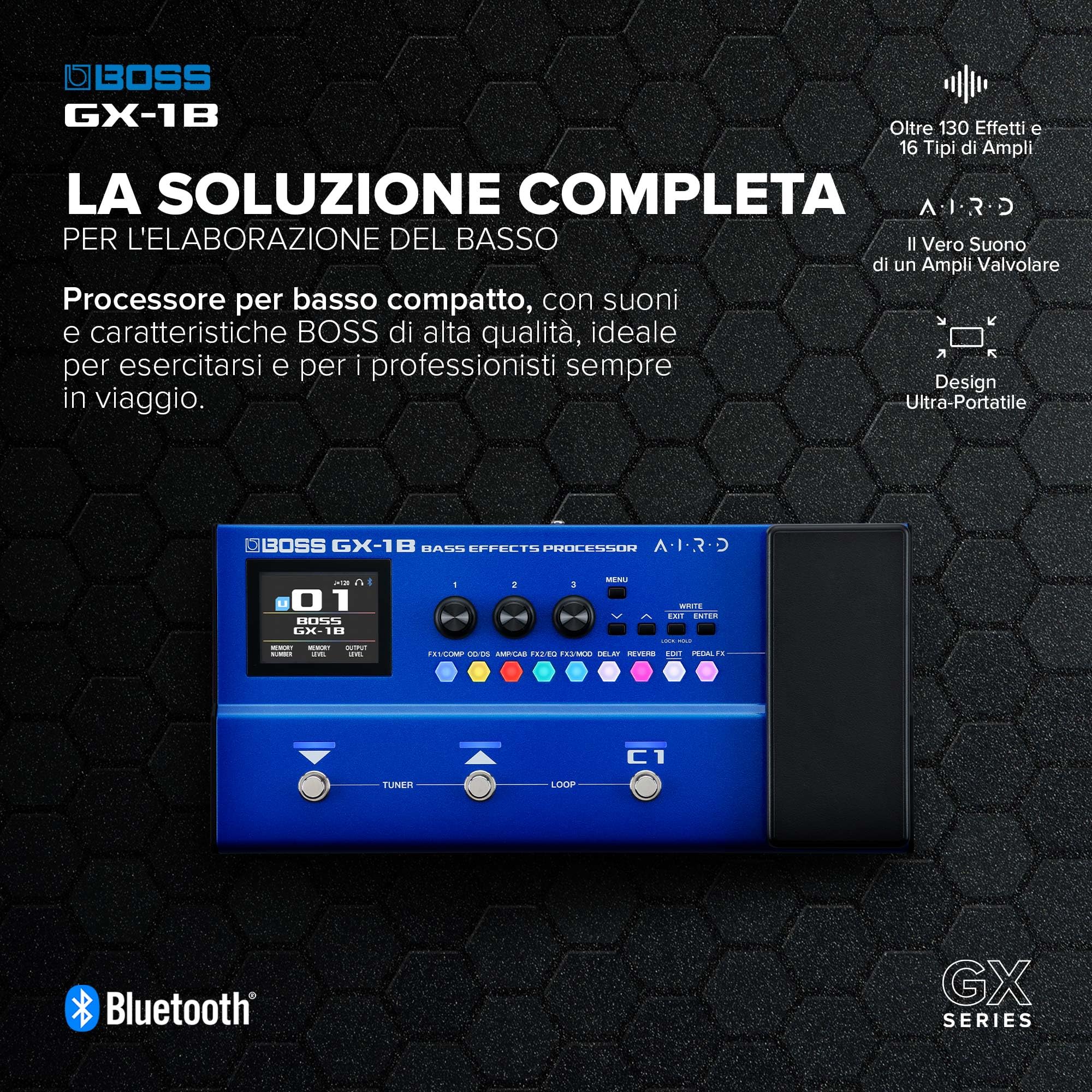 BOSS GX-1B | Processore di effetti per basso ultra-portatile | Ricco di ampli ed effetti iconici | Generatore sonoro AIRD di alta qualità | Ideale per i bassisti principianti | Connettività Bluetooth