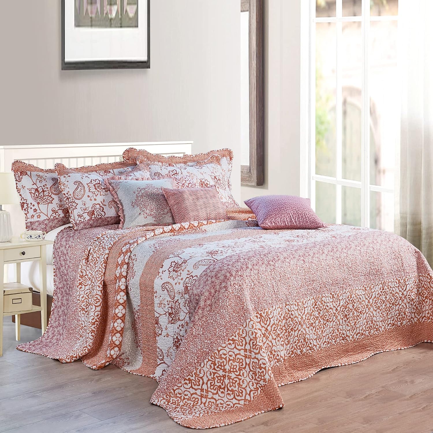 Home Soft Things 9 Piece Printed Striped Bedspread Set, Soft Lightweight Reversible Quilt Coverlet Bedding Set Cover for All Season, Oversize King 122" x 106", Coral Chevron