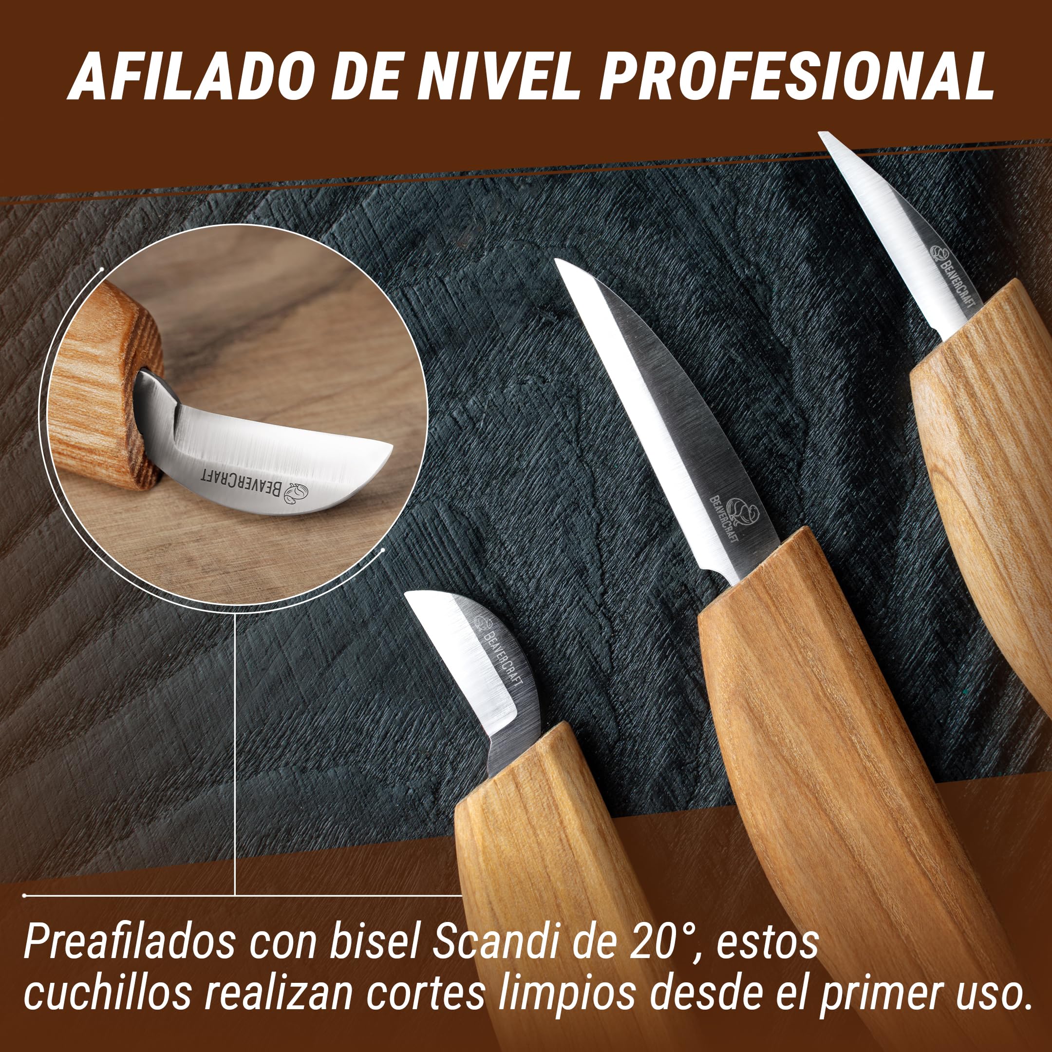 BeaverCraft Kit Cuchillos Tallado Madera S15 – Kit Whittling para Principiantes y Niños, Con Cuchillo Detalle Sloyd, Correa de Cuero, Compuesto de Pulido y Tutoriales