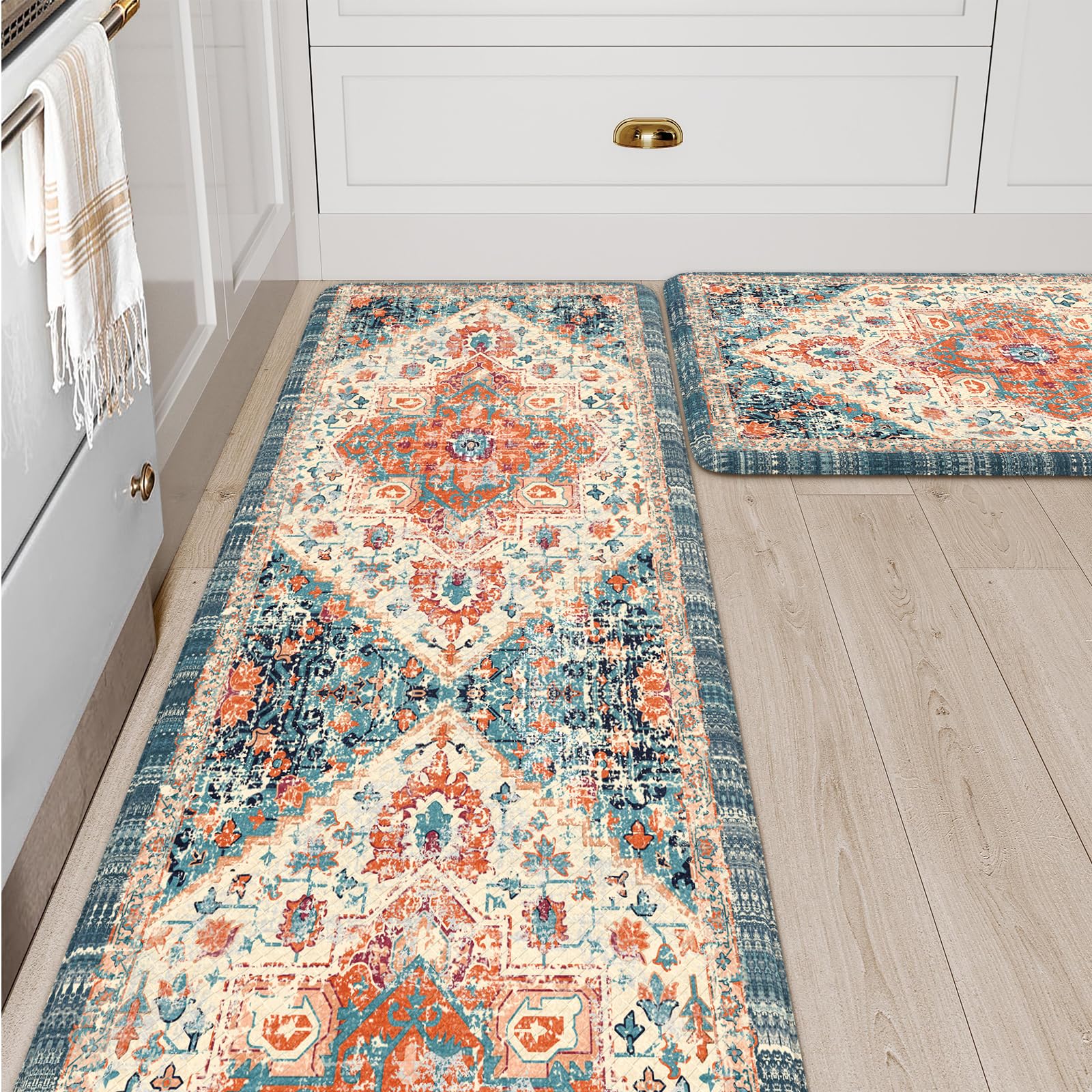 LEEVAN Kitchen Rug Set of 2, Cushioned Kitchen Floor Mats for Sink, Orange Anti Fatigue Waterproof Kitchen Rugs Non Slip, Memory Foam Kitchen Mat for Bar,Standing,Laundry,Office