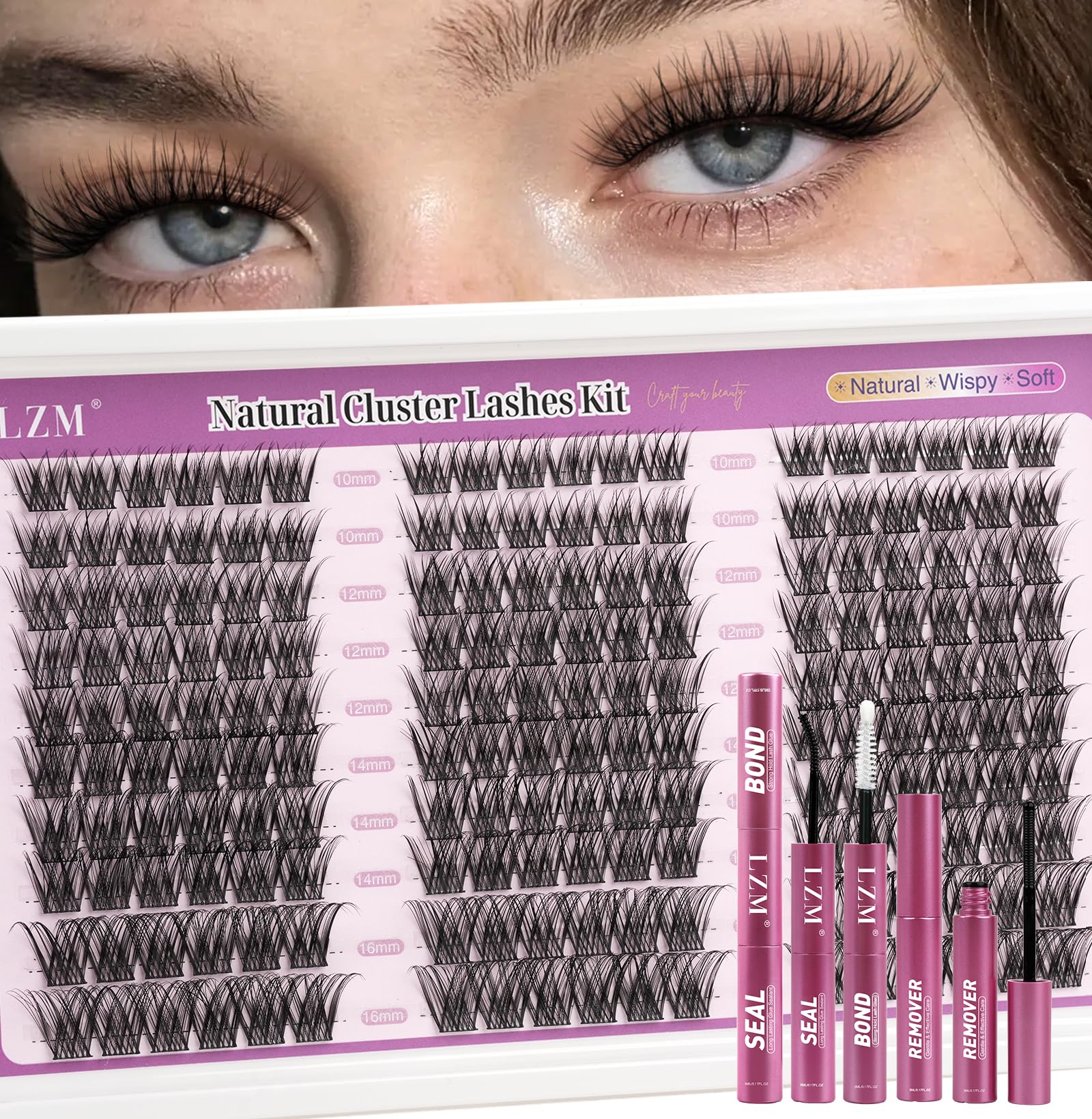 LZM wimpern extensions set mit Kleber und Entferner cluster lashes | C Curl 10-16MM Natürlich lashes extension set, Weich und bequem​ lash cluster set, Leicht​ wimpern set Für den Alltag
