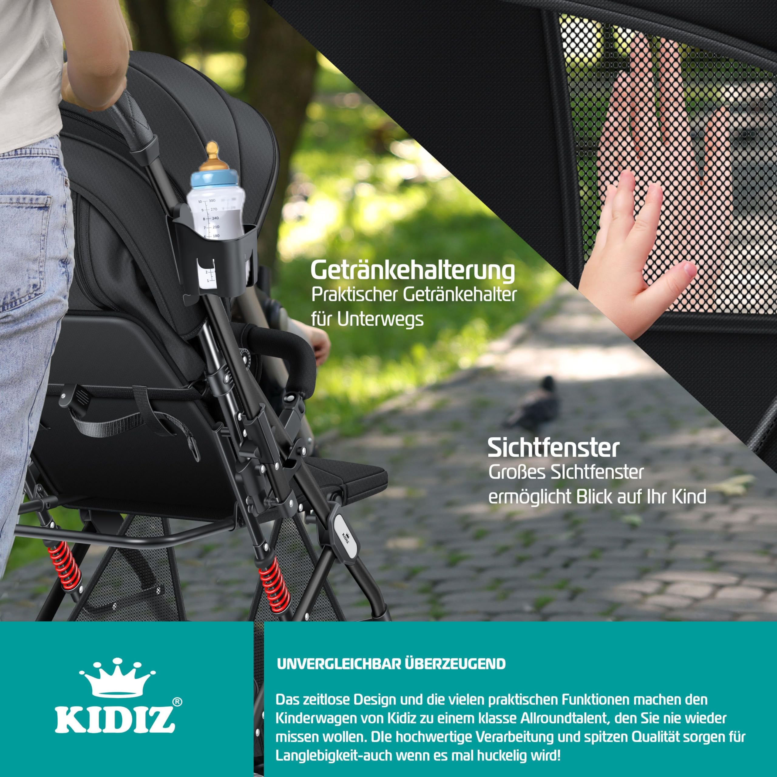 KIDIZ Passeggino Pieghevole per Bambini Sportivo con Ruote 360° Cinghia 5 Punti Sacco a Piedi Copertura Antipioggia