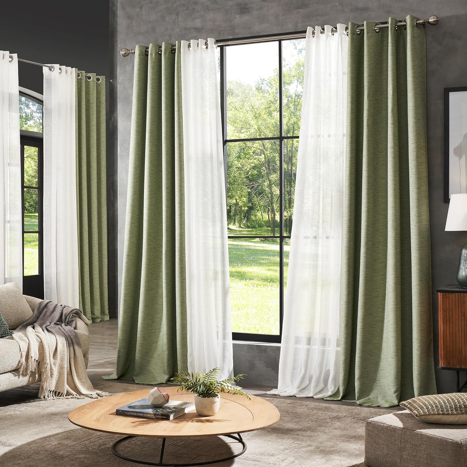 Deco Window Adjustable Brown Curtain Rods for Windows 36 to 66 Inch with Natural Wooden Finials & Set of 2 Semi-Blackout Curtains (7.5 Feet, Green)