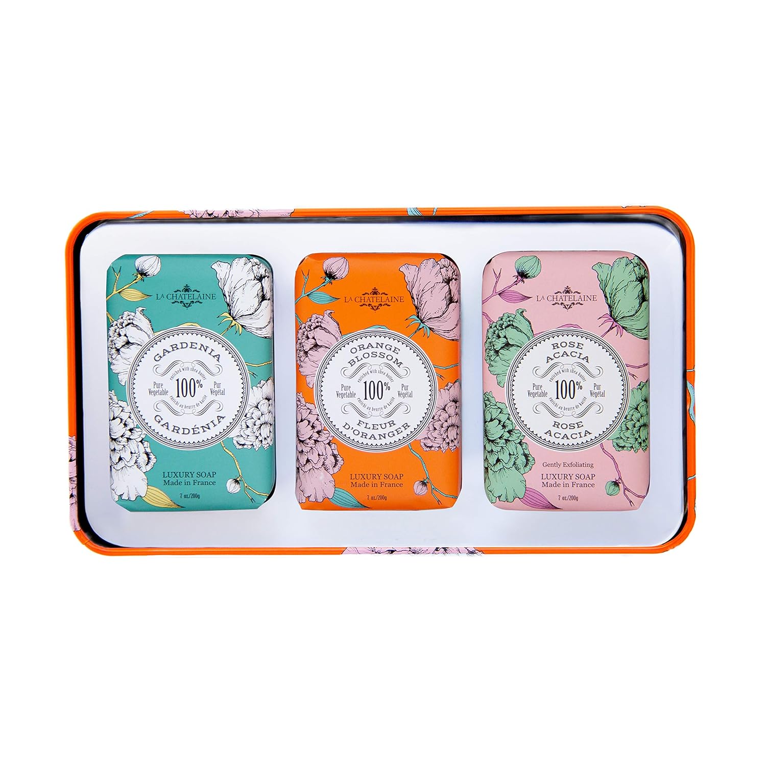 La Chatelaine Luxury Bar Soap Trio Gift Set Tin | Made in France | Natural and Organic | Shea Butter Formula | 3 x 7 oz / 200g - Orange Soap Trio (Gardenia, Orange Blossom, Rose Acacia)