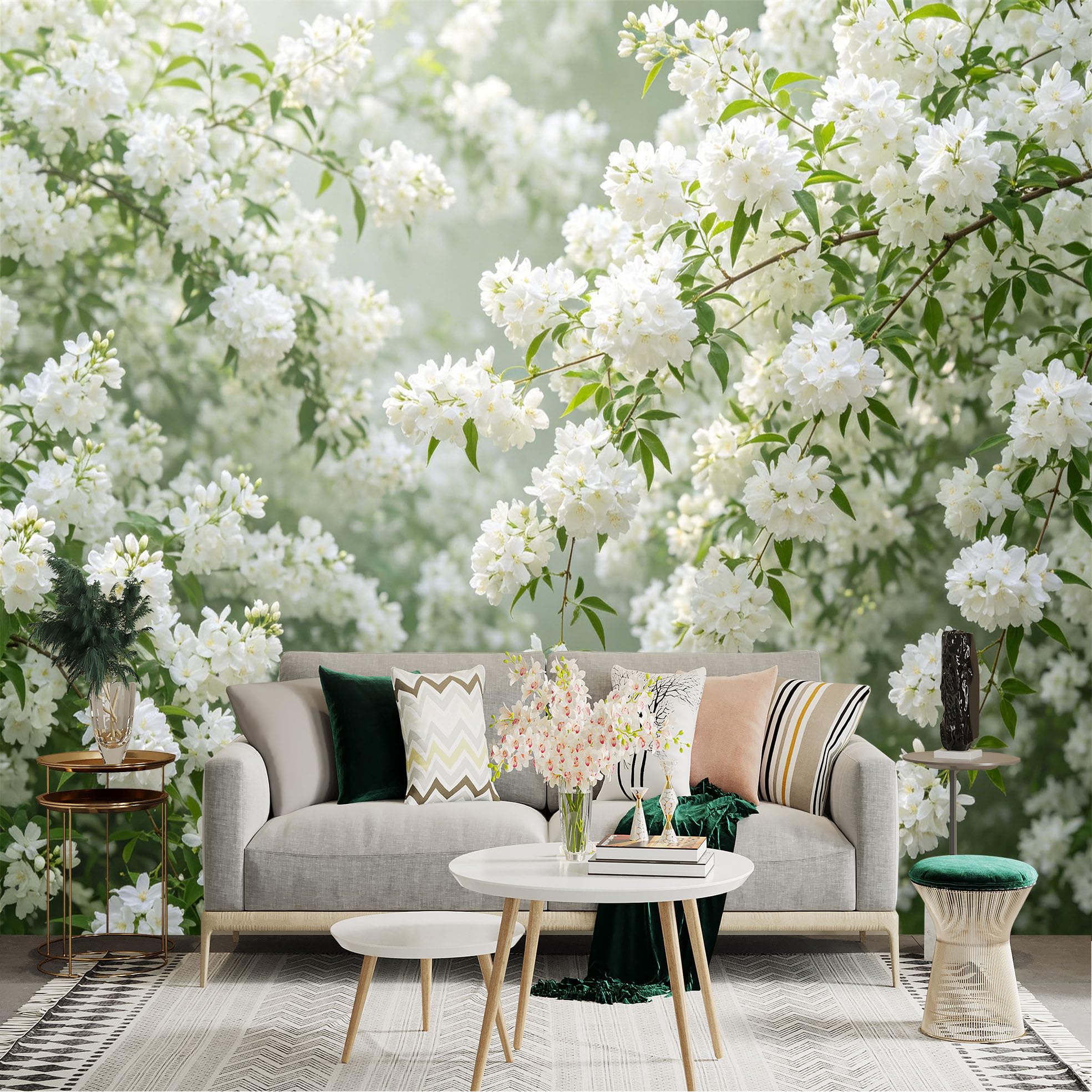 Lnzczhyre Dbh260521713 Custom Size Wall Sticker Mural， White Jasmine Flowers， Blooming Spring Garden， Floral Botanical Pattern， Nature Aesthetic， For Wall Decoration， Peelandstick Wall Decals.