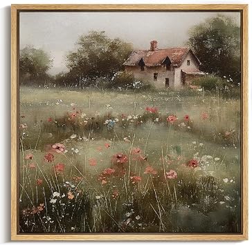 MUDECOR Framed Canvas Print Wall Art Vintage Pastoral Solitude Cottage Amidst Wildflowers Wilderness Illustrations Modern Art Group Colorful for Living Room, Bedroom, Office - 24"x24" Natural