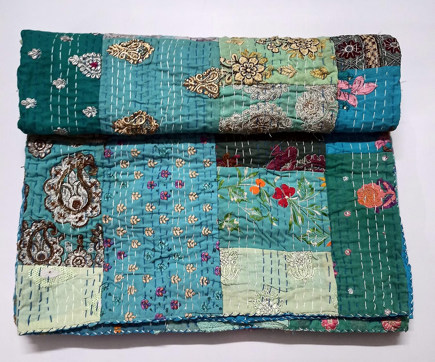 Embroidery Patchwork Quilt Reversible Patchwork Kantha Bedspread Bed Cover Decor Throw Blanket with Two Pillow Cover California King/Queen/Twin (Turquoise 1, 108X108 Inches)