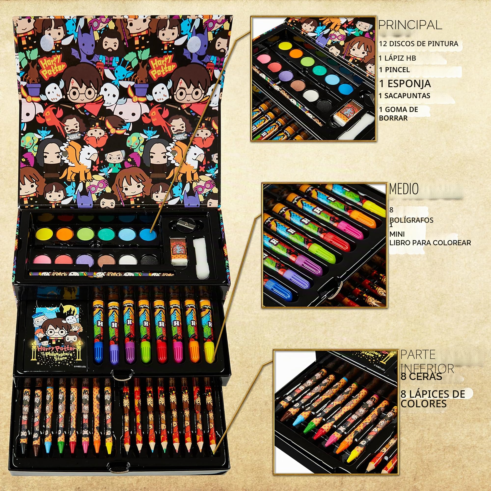 Harry Potter Maletín Pinturas para niños 40+ pzs con Pinturas y Lápices de Colores