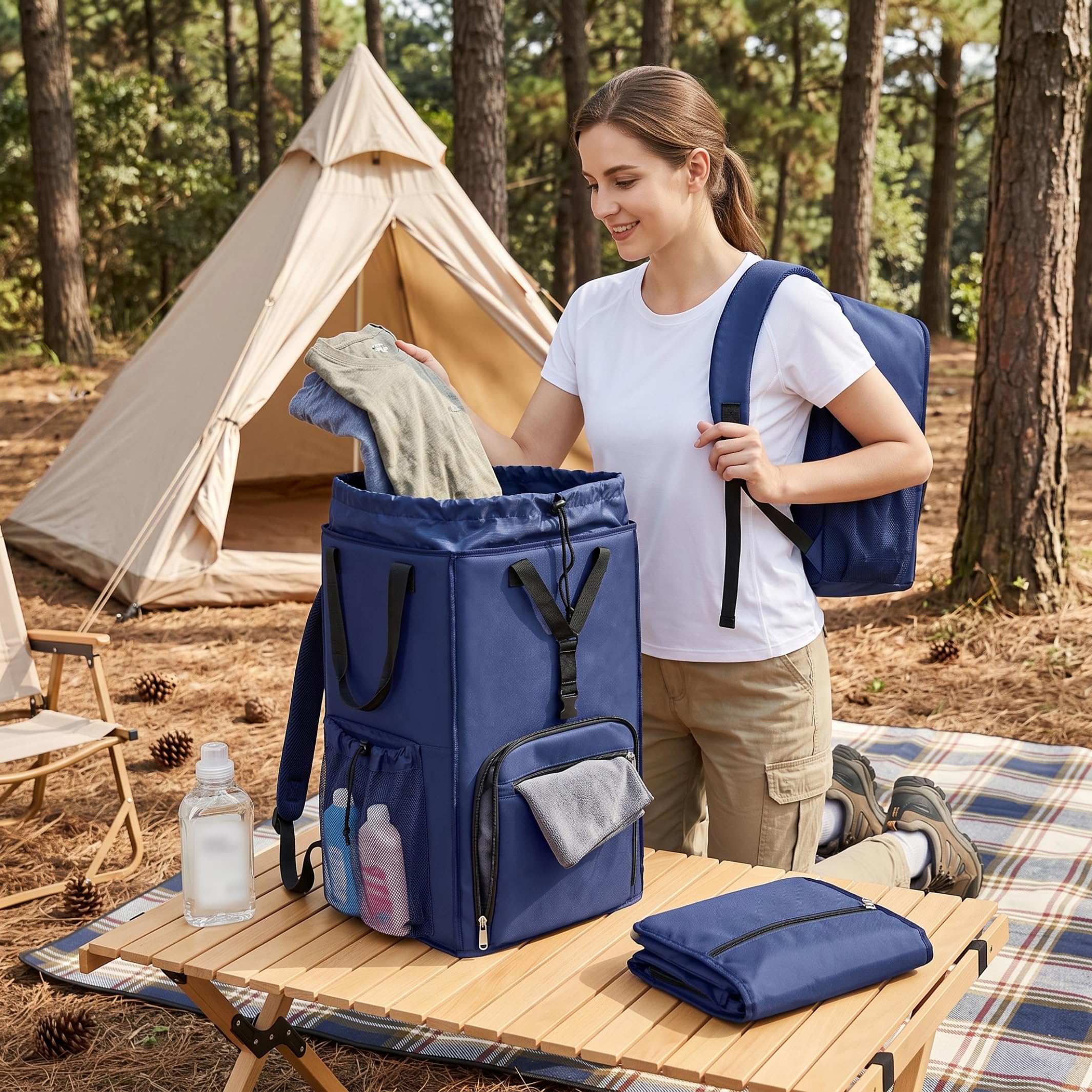 Wäschesack-Rucksack – faltbarer College-Wäschesack, 2-in-1, erweiterbarer, tragbarer Stauraum mit mehreren Taschen für Wohnheim, Reisen, Blau