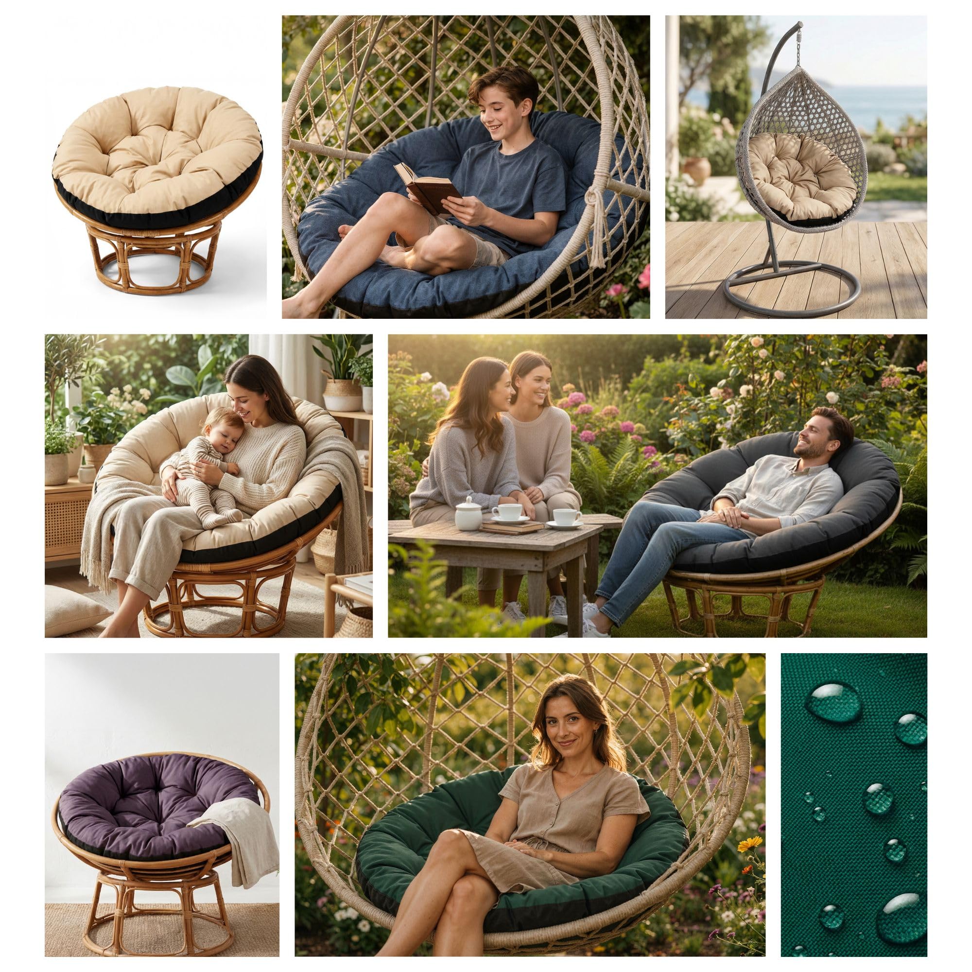 Amazinggirl Cuscini rotondi per sedia rattan e poltrona sospesa 110 cm - Cuscino poltrone da giardino sedie per dondolo rotondo enterno e interno Blu jeans lino ecologico