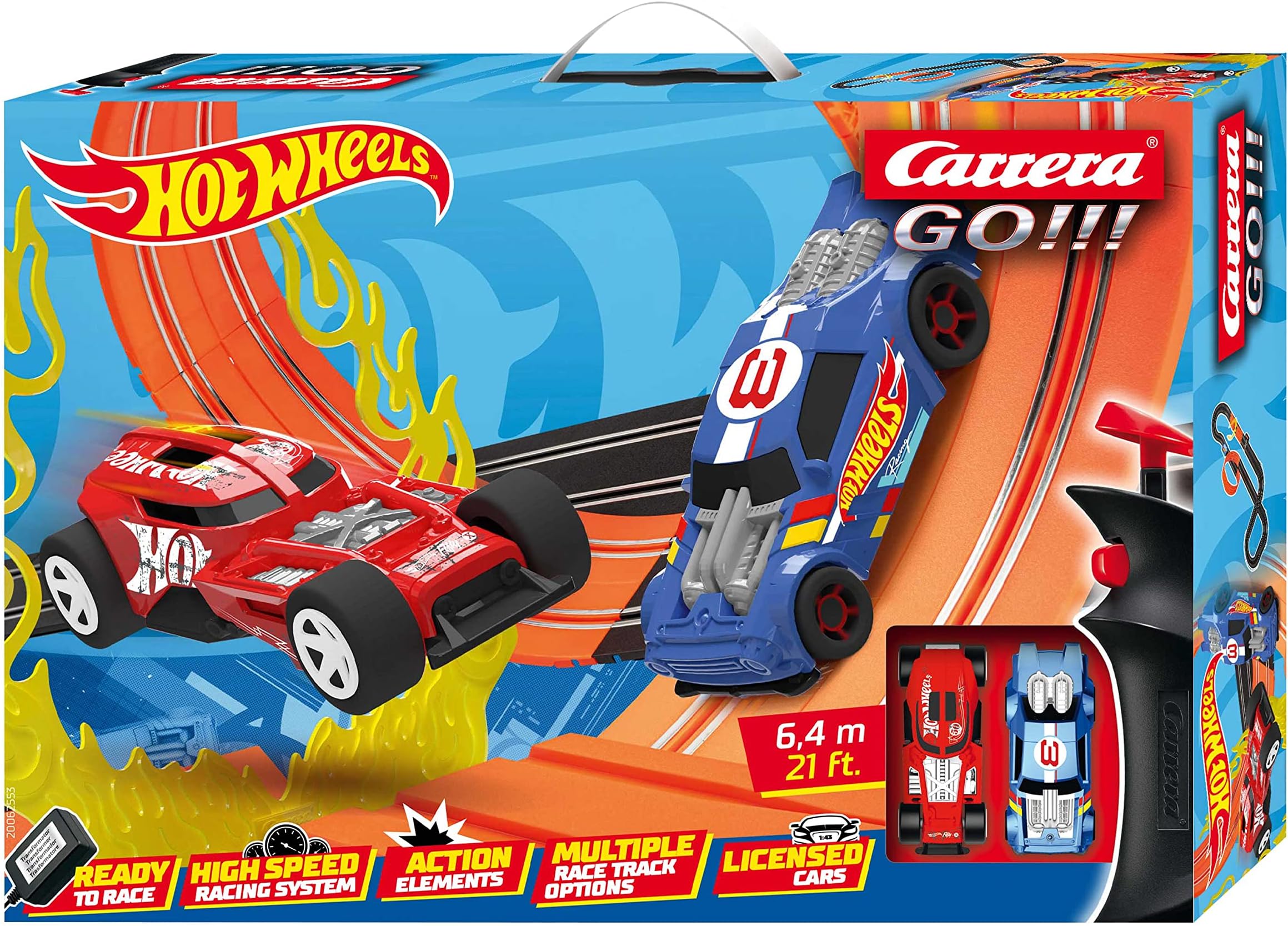 Carrera Hot Wheels GO Slot Racing Track, UK Plug, For Children & Adults, 1:43 Scale, 6.4m, Featuring Hot Wheels - Night Shifter & HW50 Concept