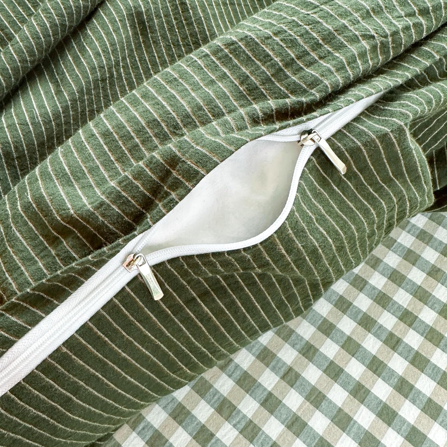 PinkMemory Green Striped Duvet Cover Queen 100% Washed Cotton Olive Green Stripes Duvet Cover Set Full 3pcs Pinstripe Pattern Bedding Set with Zipper Closure Corner Ties,Soft Breathable - Image 6
