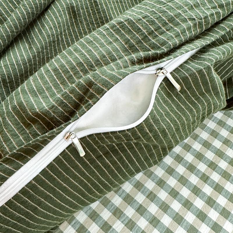 PinkMemory Green Striped Duvet Cover Queen 100% Washed Cotton Olive Green Stripes Duvet Cover Set Full 3pcs Pinstripe Pattern Bedding Set with Zipper Closure Corner Ties,Soft Breathable image 6
