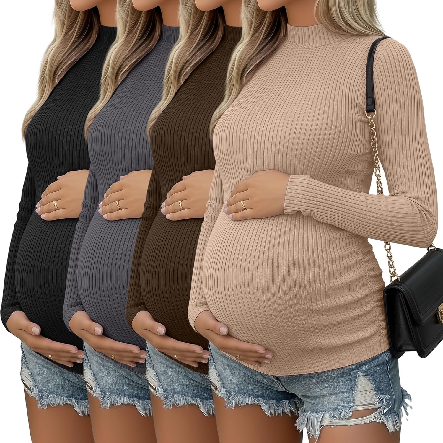 4 Packs Womens Maternity Shirts Long Sleeve Cotton Ribbed Pregnancy Mock Neck Side Ruched Workout Tops for Mama