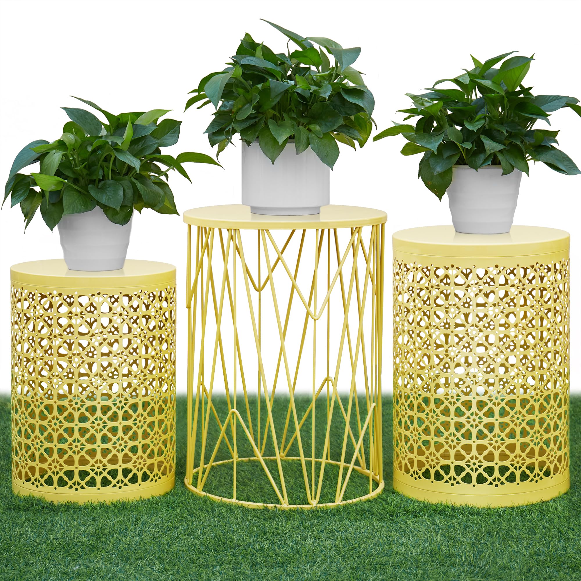 Y&M Set of 3 Yellow Round Nesting Tables, Multifunctional Coffee Table End Table, Side Table for Indoor, Outdoor Garden Stool-Yellow(Ship from US)