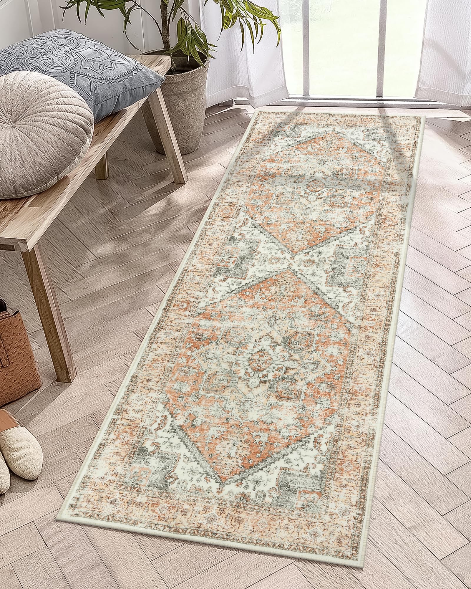 LIVEBOX Washable Runner Rug 2x6 - Boho Kitchen Rug Runner Long Entryway Rug, Low-Pile Vintage Rug for Bedroom, Non-Skid Soft Carpet Throw Rug for Bathroom Laundry Room Hallway Beige/Orange